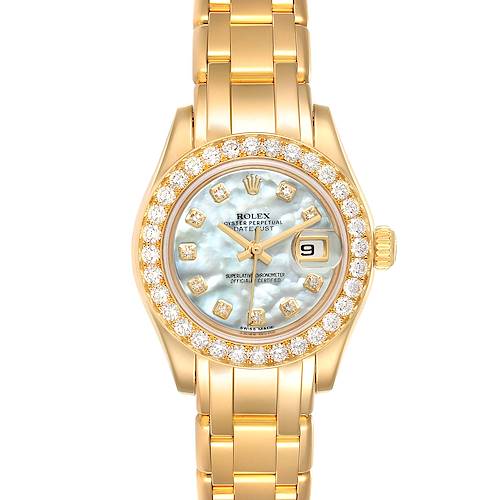 Photo of Rolex Pearlmaster Yellow Gold MOP Diamond Ladies Watch 80298 Box Card
