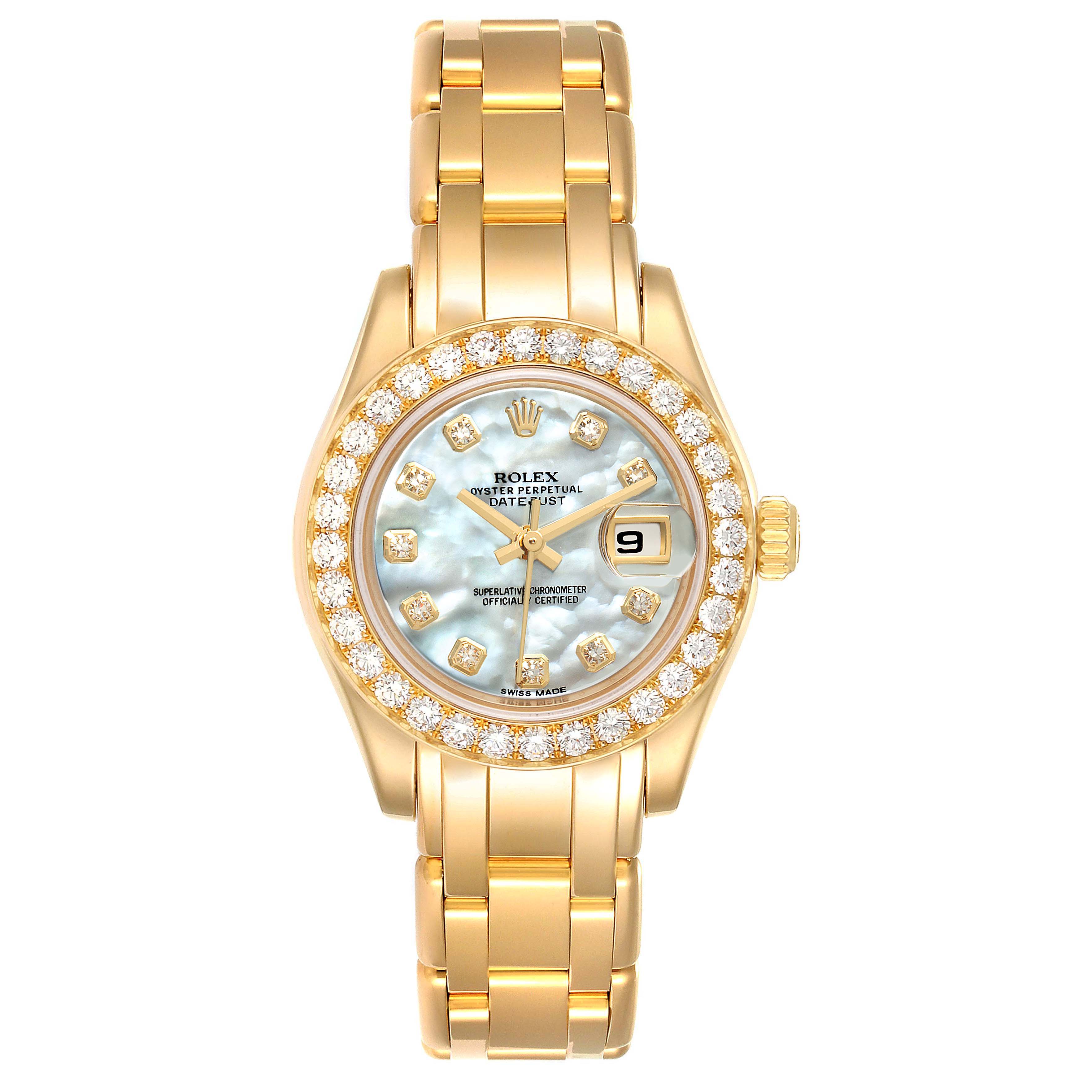The image shows a frontal view of the Rolex Pearlmaster 80298 Women's Yellow Gold Mother of Pearl Dial 80298 Women's Yellow Gold Mother of Pearl Dial watch, highlighting its dial, bezel, and bracelet.