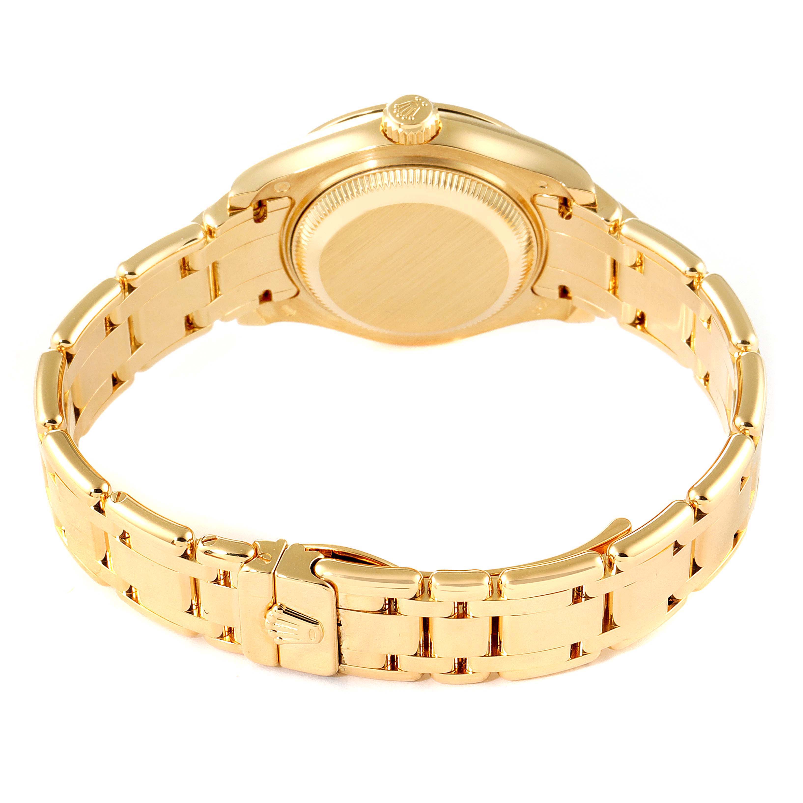 The image shows the back view of a Rolex Pearlmaster 80298 Women's Yellow Gold Mother of Pearl Dial 80298 Women's Yellow Gold Mother of Pearl Dial watch, highlighting its gold bracelet and case back.