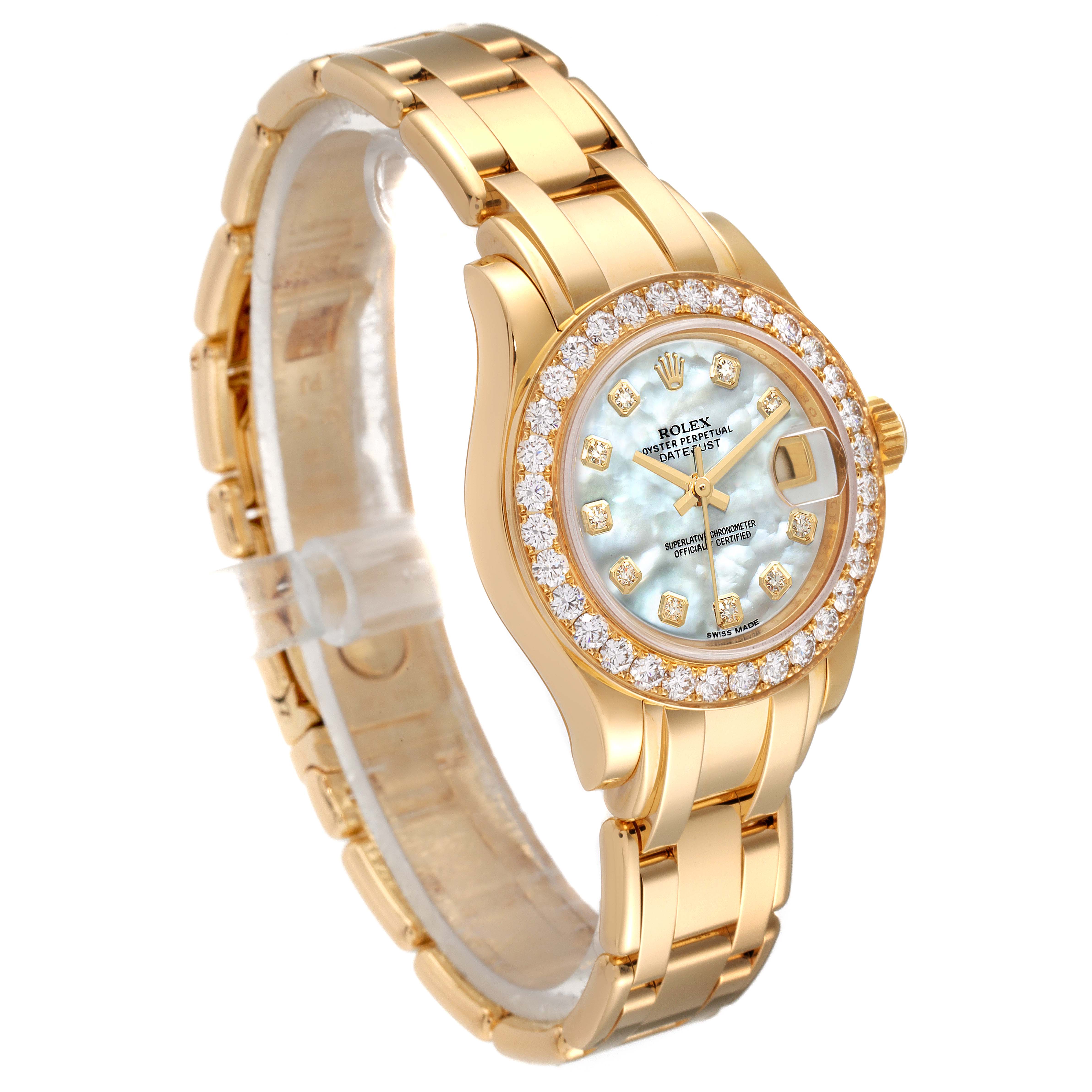 The image displays a side angle of the Rolex Pearlmaster 80298 Women's Yellow Gold Mother of Pearl Dial 80298 Women's Yellow Gold Mother of Pearl Dial watch, showcasing its gold bracelet, bezel with diamonds, and mother-of-pearl dial.