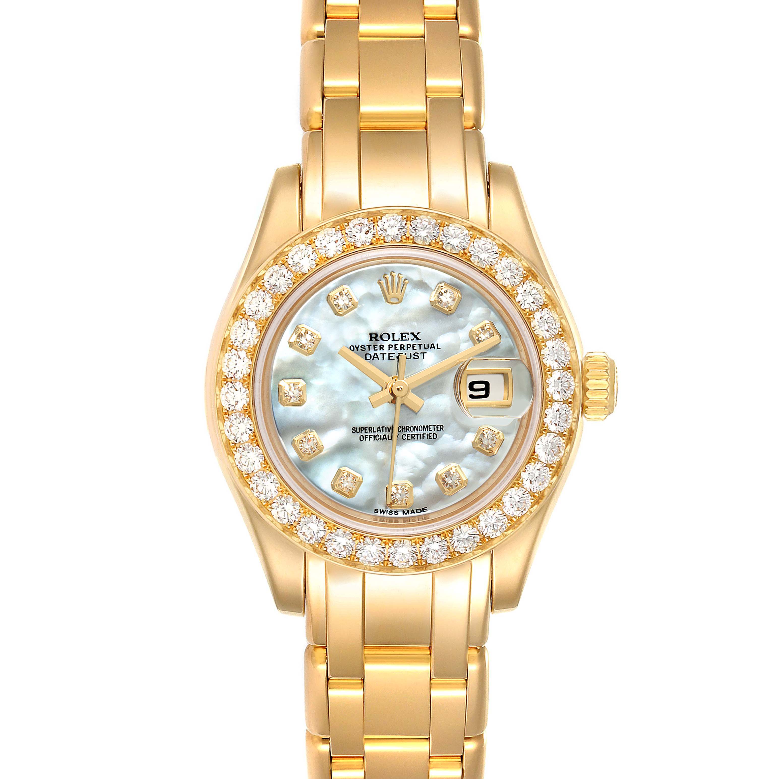 This image shows a front view of the Rolex Pearlmaster 80298 Women's Yellow Gold Mother of Pearl Dial 80298 Women's Yellow Gold Mother of Pearl Dial watch, displaying the dial, bezel, and part of the bracelet.