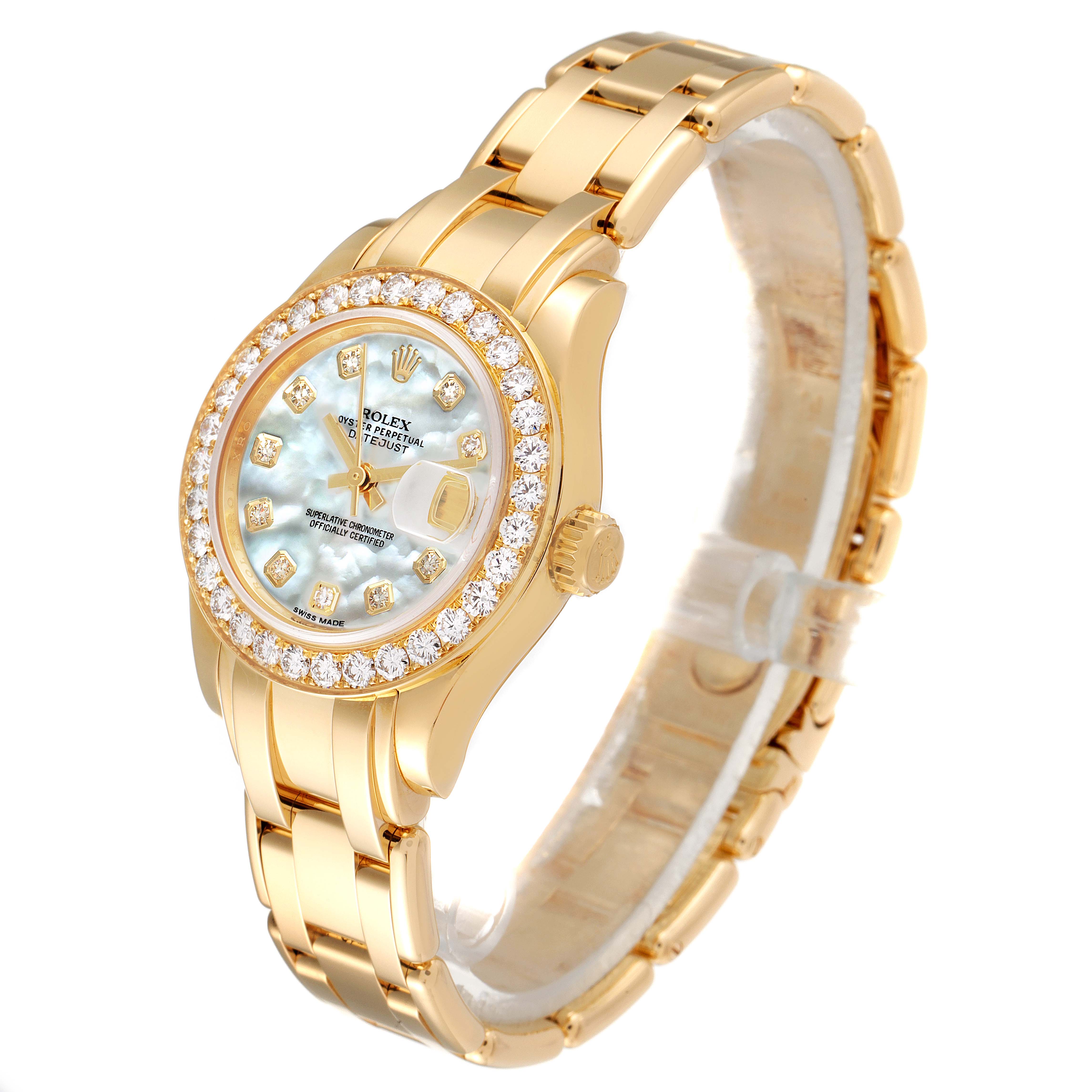 The Rolex Pearlmaster 80298 Women's Yellow Gold Mother of Pearl Dial 80298 Women's Yellow Gold Mother of Pearl Dial watch is shown at a slight side angle, highlighting its gold bracelet, diamond bezel, and mother-of-pearl dial.