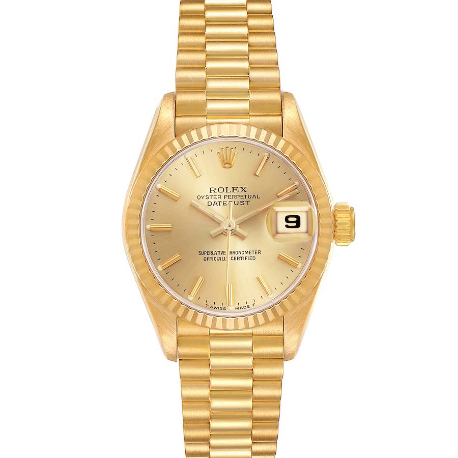 The Rolex President model is shown from a front angle, highlighting its gold dial, fluted bezel, and linked bracelet.