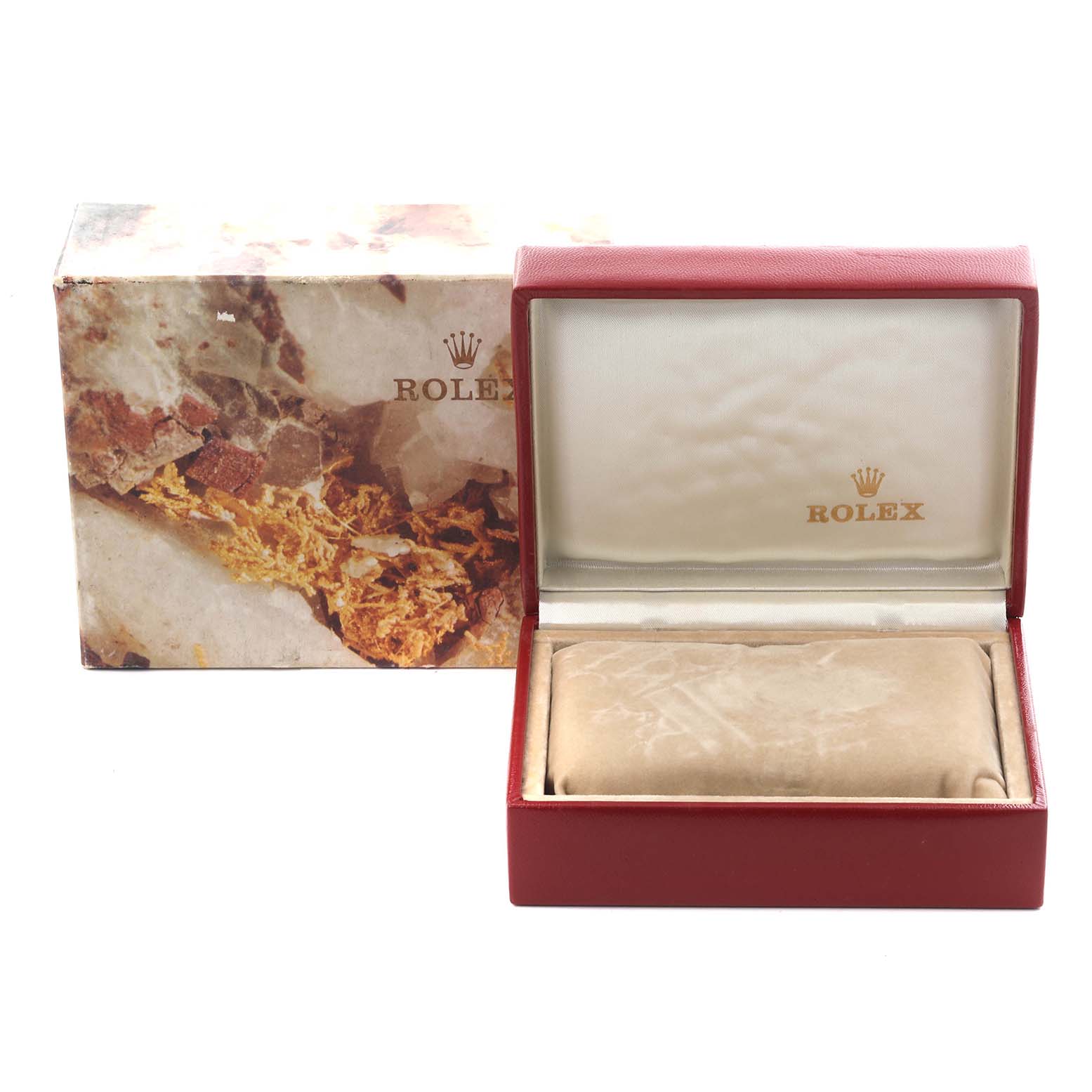 The image shows a Rolex President 69178 Women's Yellow Gold Champagne Dial 69178 Women's Yellow Gold Champagne Dial model watch box, open with the cushion visible, and a decorative outer box.