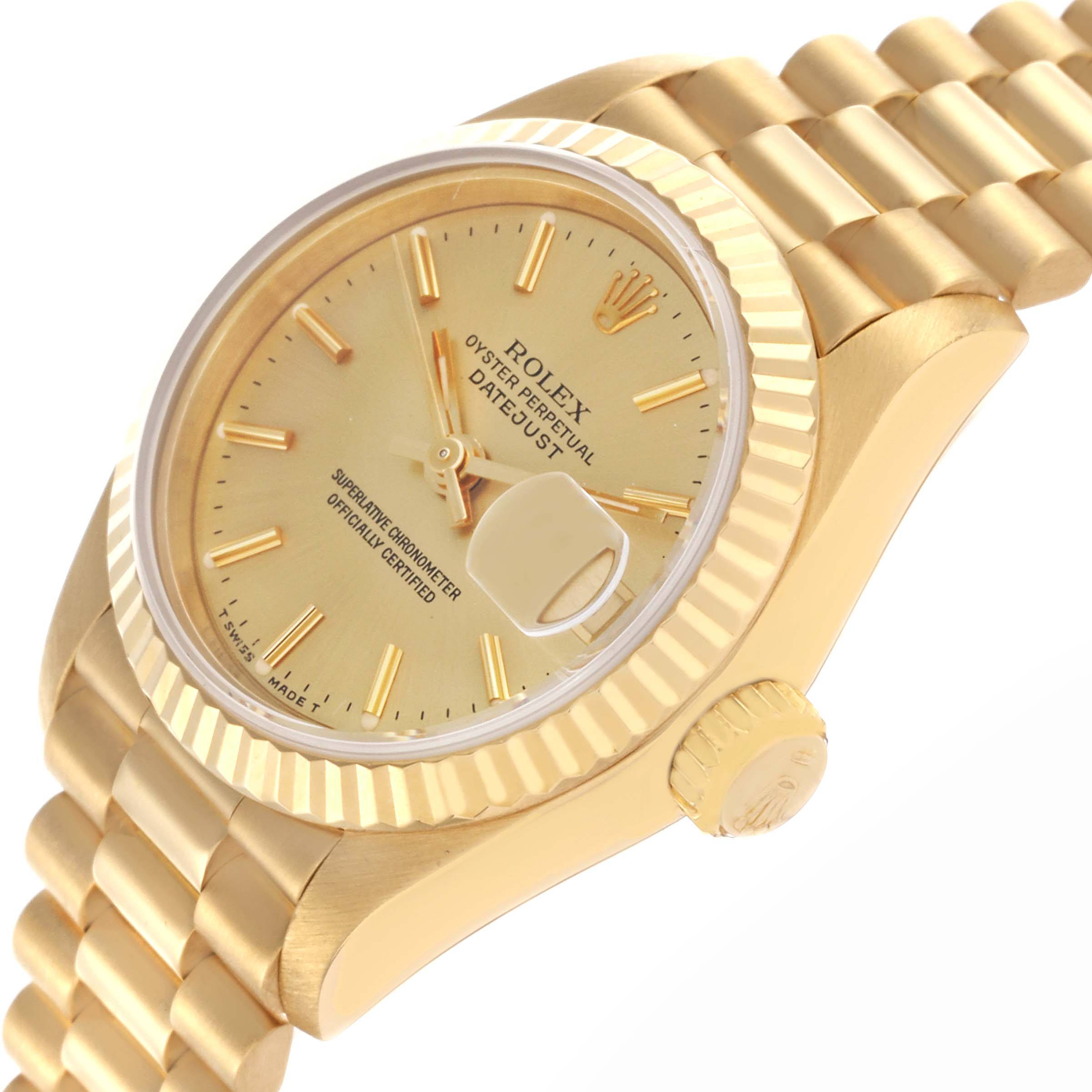The Rolex President 69178 Women's Yellow Gold Champagne Dial 69178 Women's Yellow Gold Champagne Dial watch is shown at an angled view, highlighting the dial, bezel, bracelet, and crown.