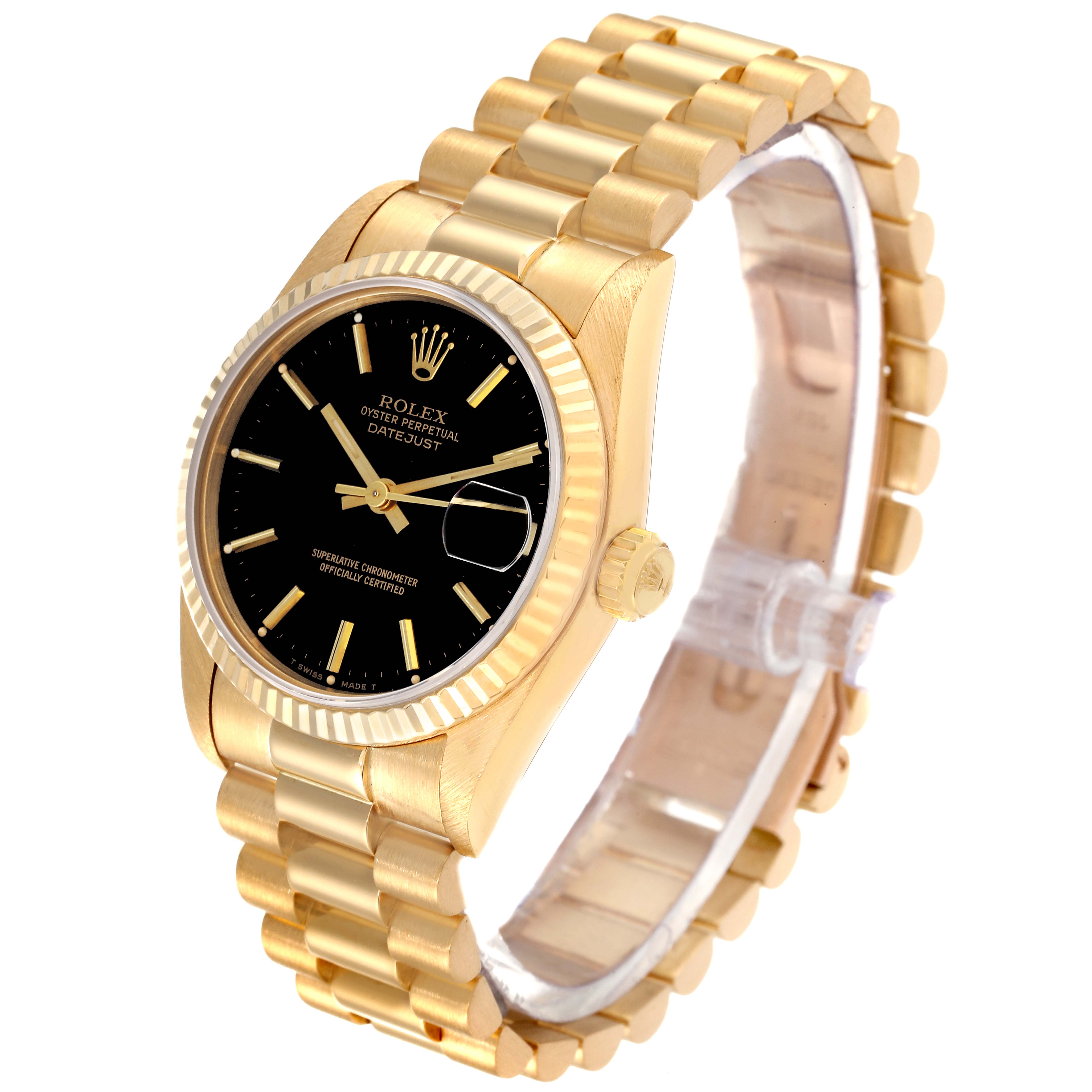 This image shows a Rolex President 68278 Women's Yellow Gold Black Dial 68278 Women's Yellow Gold Black Dial model watch at a three-quarter angle, displaying the dial, case, and bracelet.