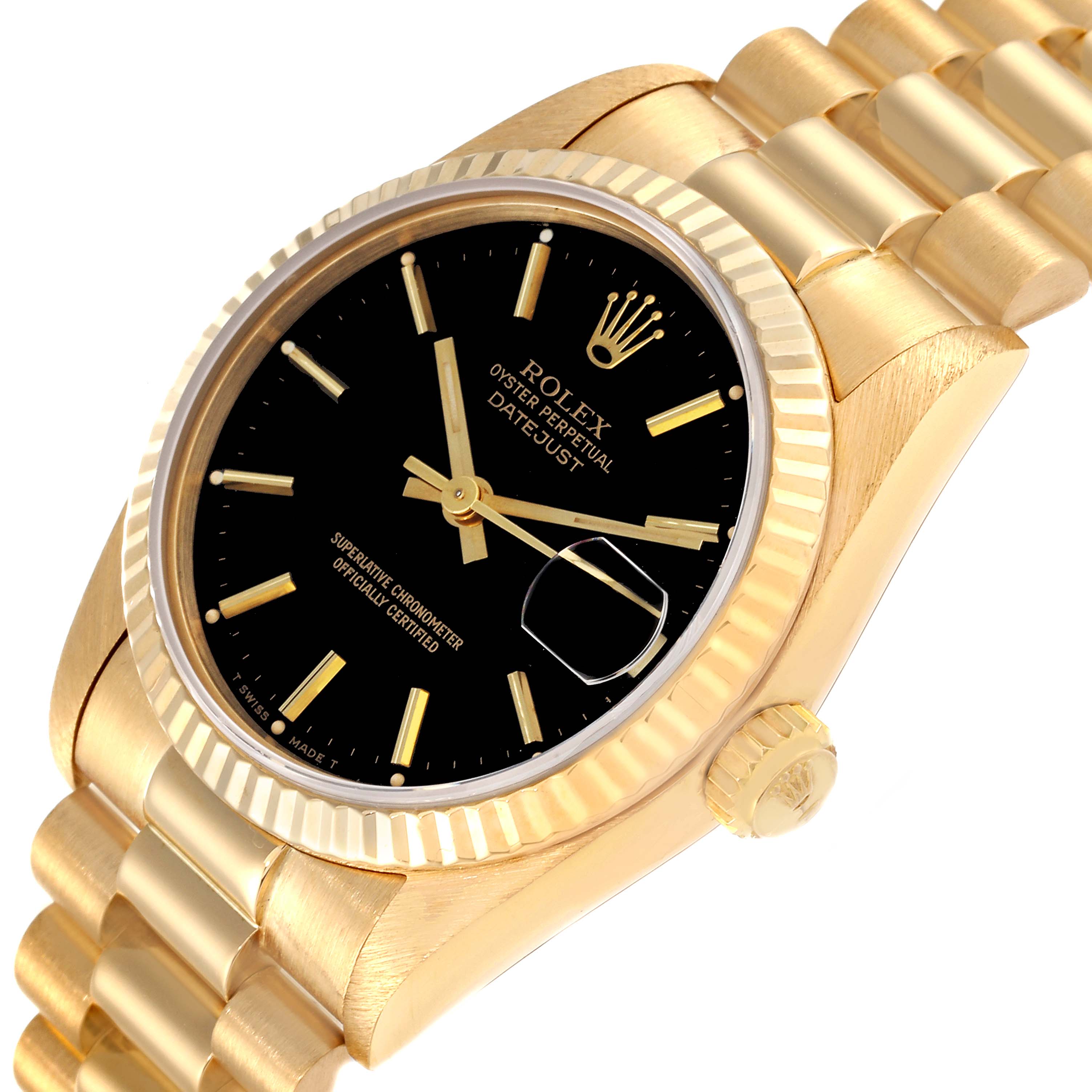 This image shows a President model Rolex watch at an angled side view, highlighting its black dial, gold bezel, and bracelet.