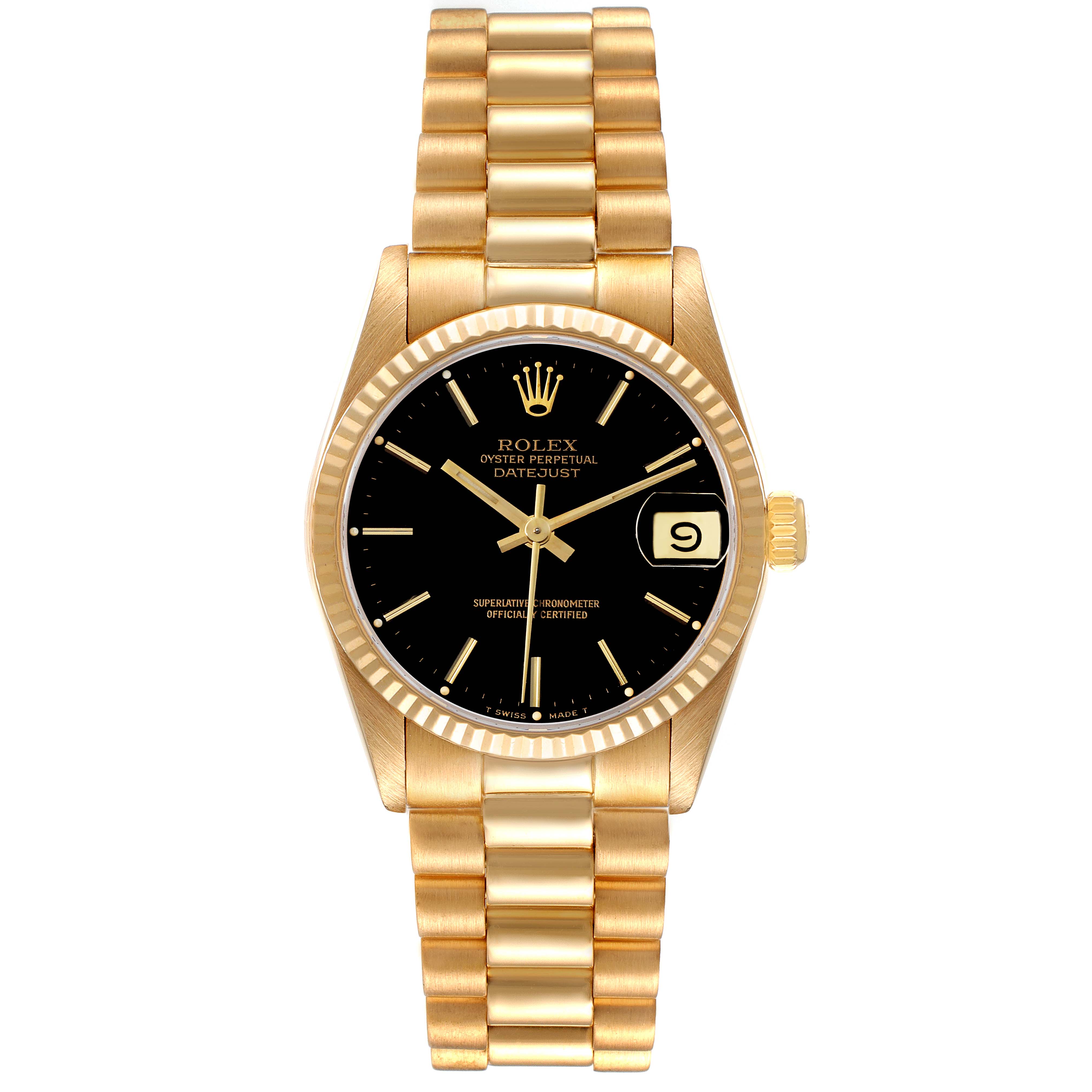 The image shows a frontal view of a Rolex President 68278 Women's Yellow Gold Black Dial 68278 Women's Yellow Gold Black Dial model watch, displaying its face, bezel, and band.