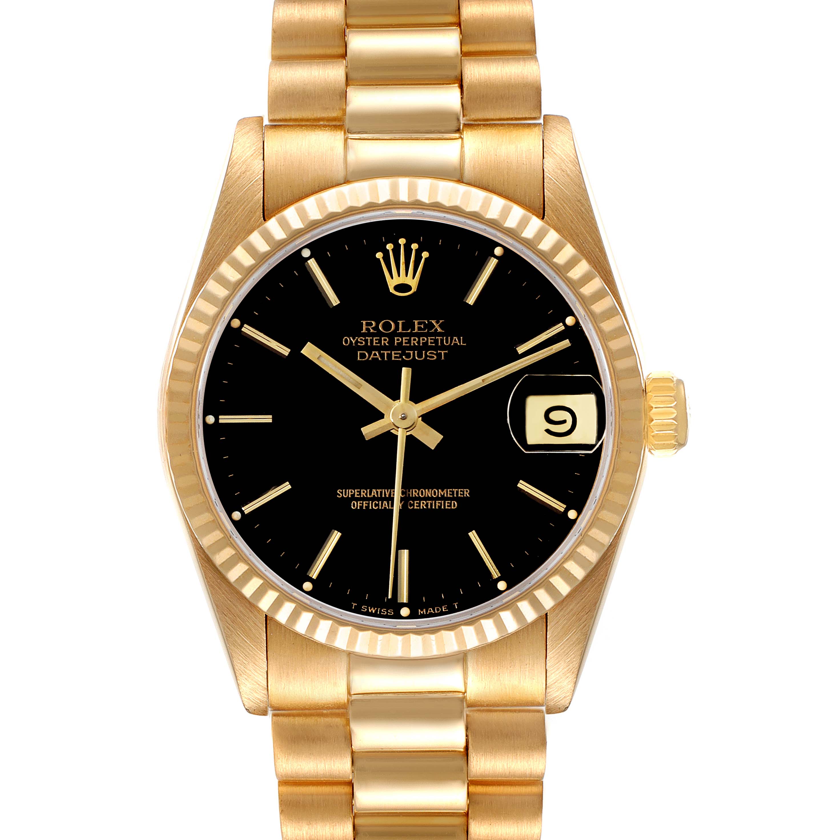The image shows a front view of a Rolex President 68278 Women's Yellow Gold Black Dial 68278 Women's Yellow Gold Black Dial model watch, featuring its gold bracelet, black dial, and date display.