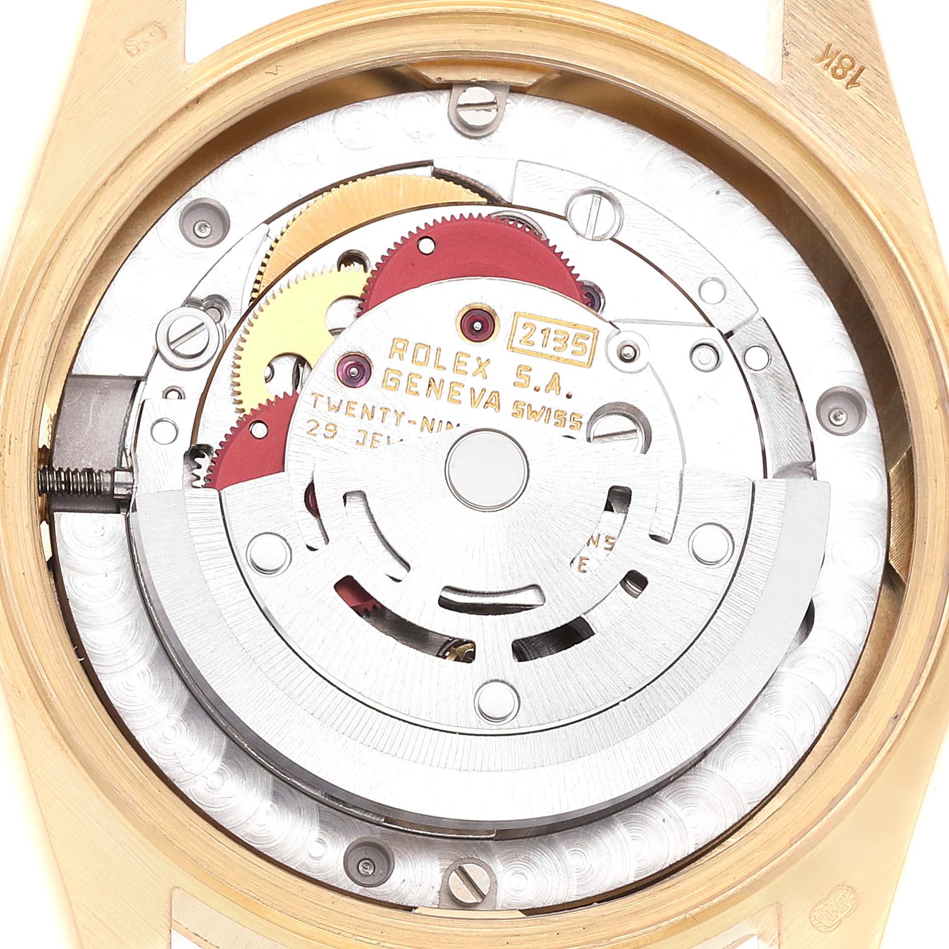 The image shows the movement mechanism from the back of a Rolex President 68278 Women's Yellow Gold Black Dial 68278 Women's Yellow Gold Black Dial model watch.