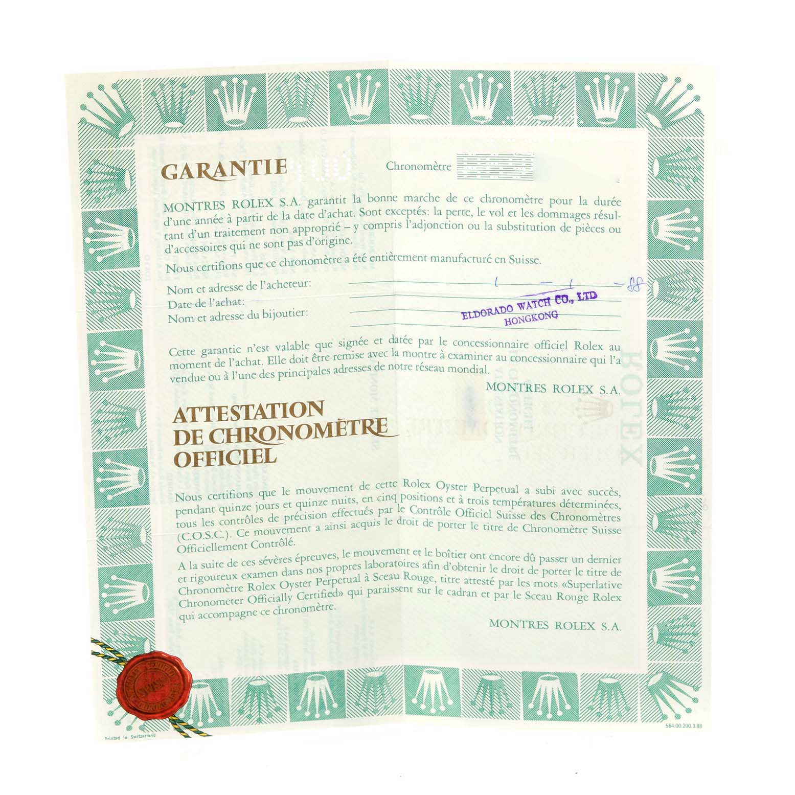 The image shows the warranty and official chronometer certificate for a Rolex President 68278 Women's Yellow Gold Black Dial 68278 Women's Yellow Gold Black Dial model.