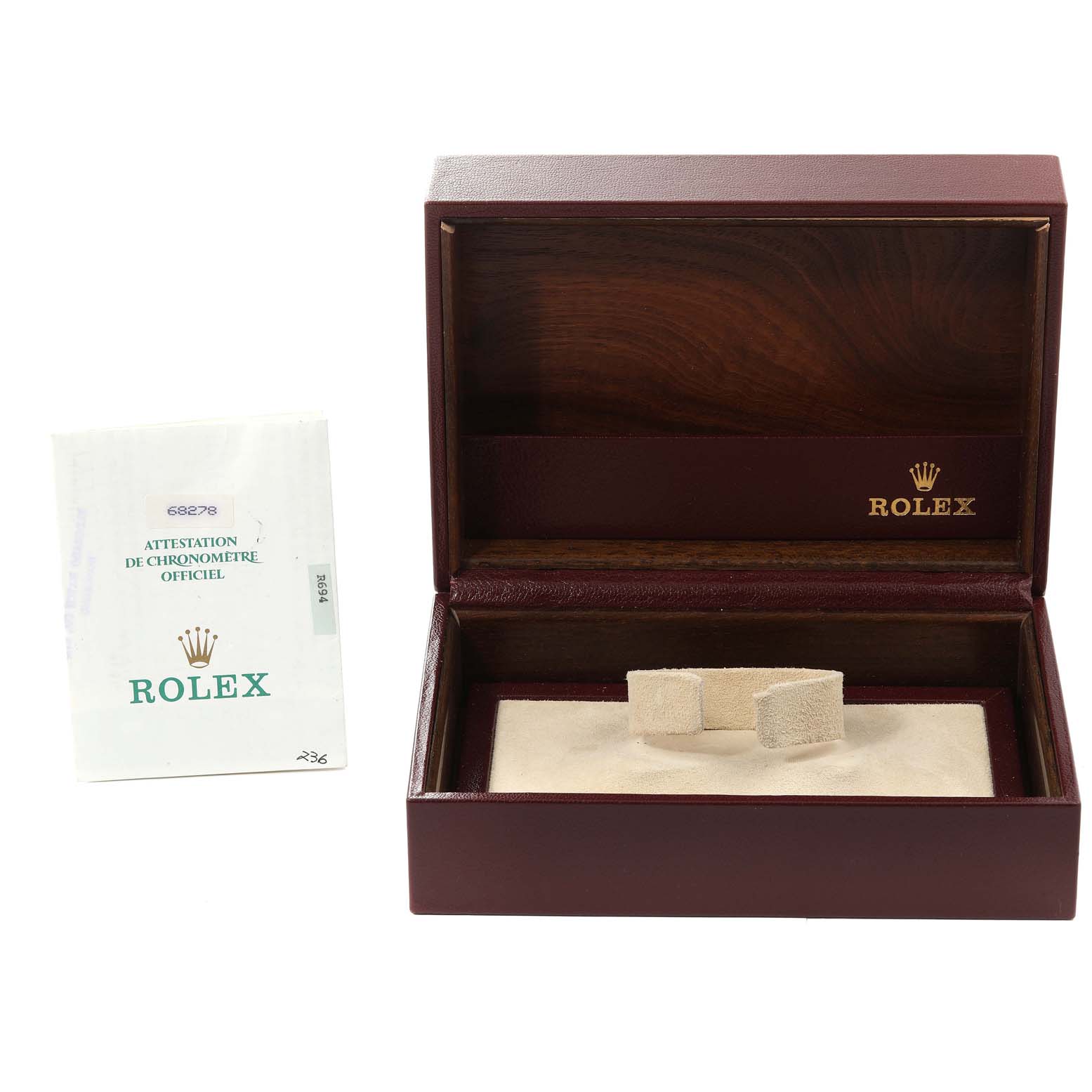 The image shows an open Rolex President 68278 Women's Yellow Gold Black Dial 68278 Women's Yellow Gold Black Dial model watch box and an official certification booklet.