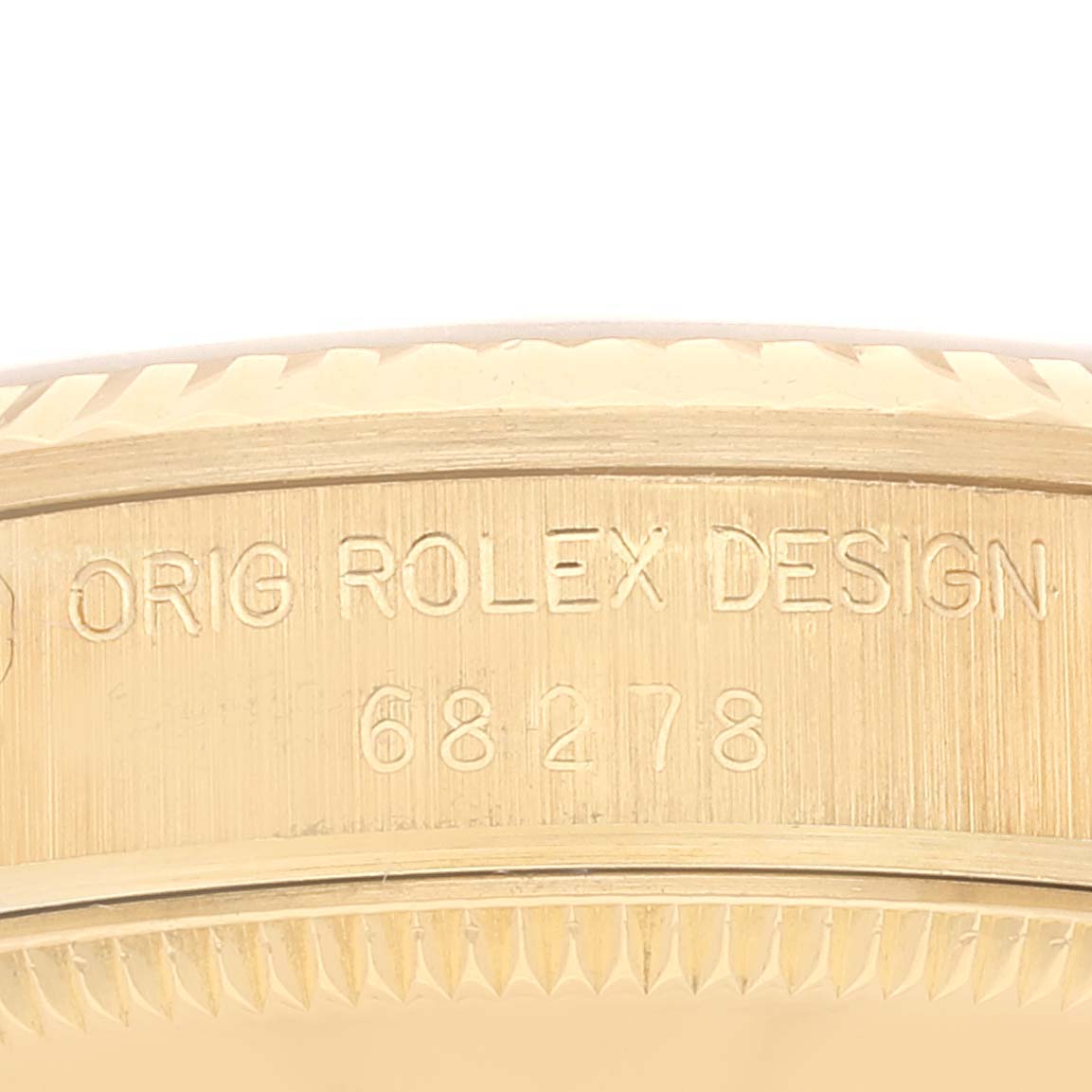 The image shows the engraved side view of a Rolex President 68278 Women's Yellow Gold Black Dial 68278 Women's Yellow Gold Black Dial model watch with the text "Orig Rolex Design" and model number "68278".