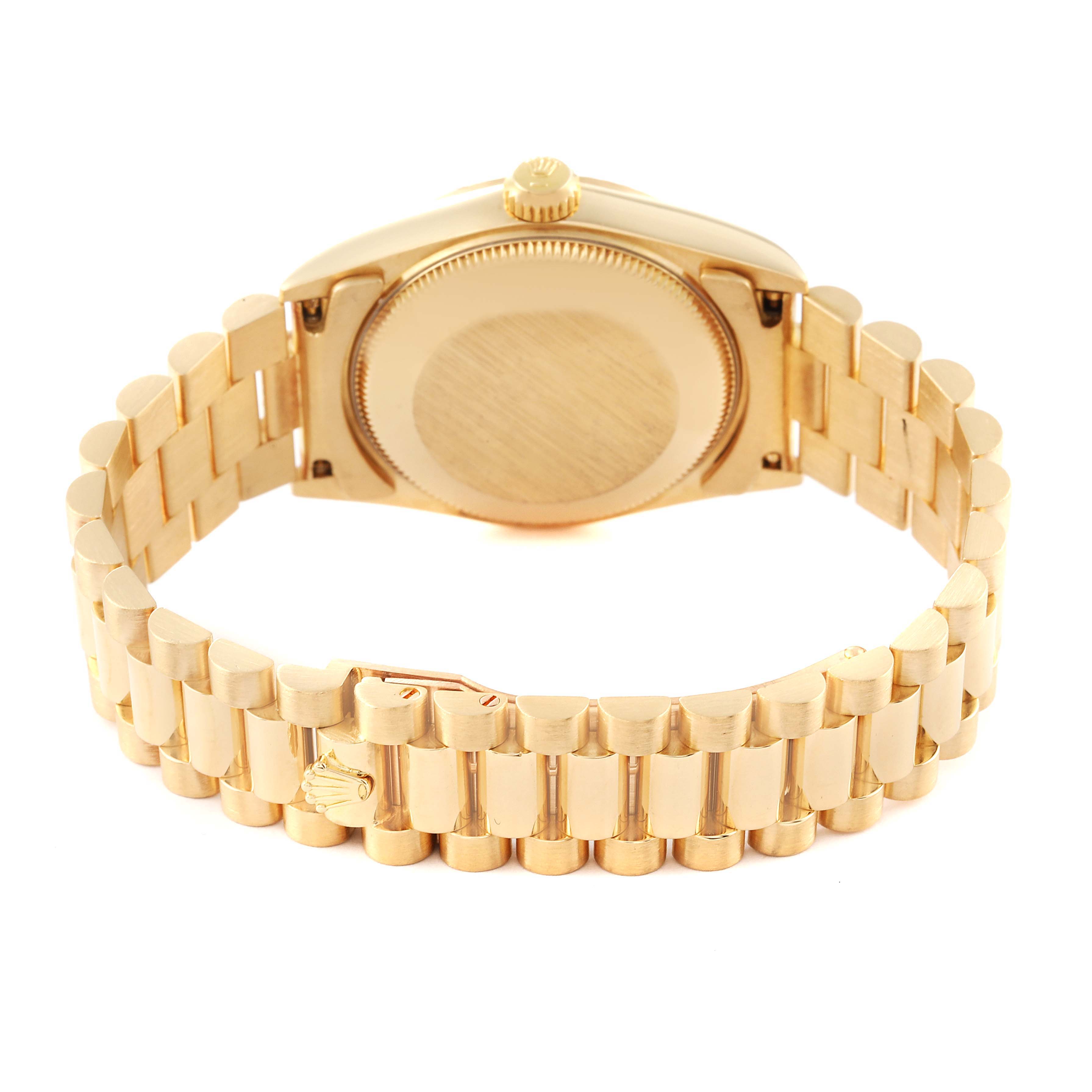 This image shows the back case and bracelet of a Rolex President 68278 Women's Yellow Gold Black Dial 68278 Women's Yellow Gold Black Dial model watch.