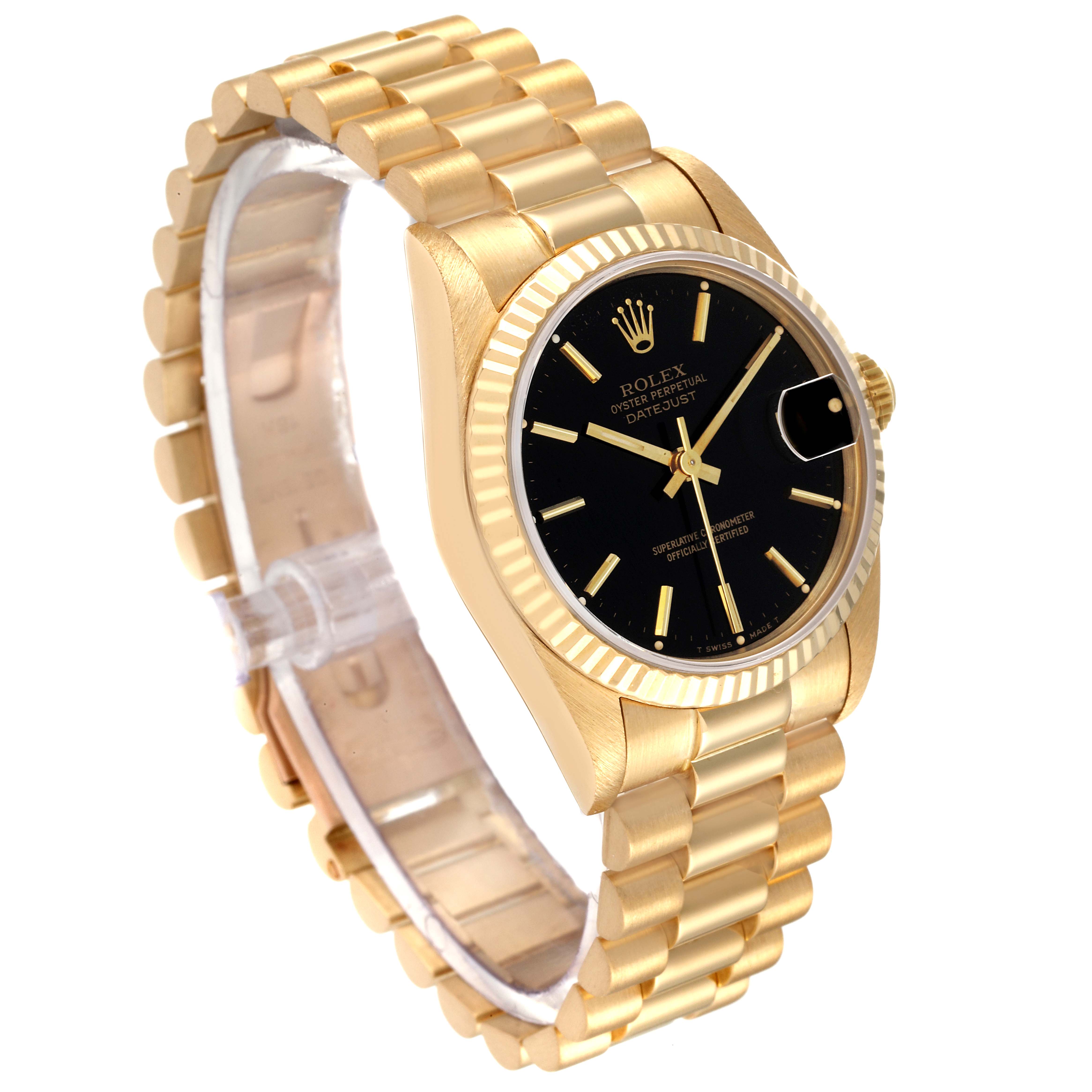The image shows a side angle of the Rolex President 68278 Women's Yellow Gold Black Dial 68278 Women's Yellow Gold Black Dial model watch, highlighting its gold band, black dial, and fluted bezel.