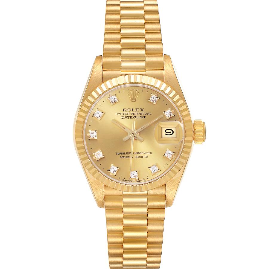 The Rolex President model is shown from a top view, displaying the dial, fluted bezel, and the signature bracelet.