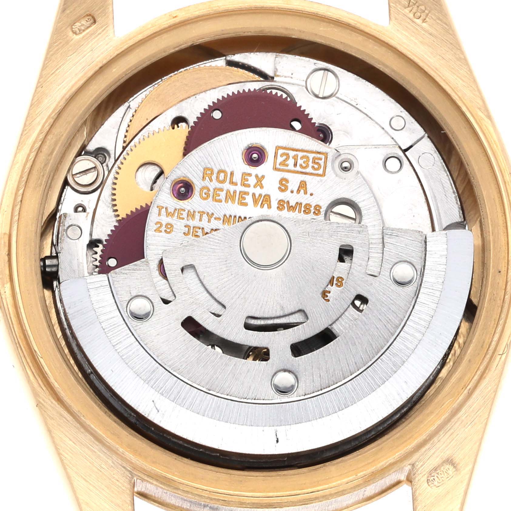 The image shows the internal mechanism of a Rolex President 69178 Women's Yellow Gold Champagne Dial 69178 Women's Yellow Gold Champagne Dial model watch from a top-down angle, highlighting the rotor and gears.