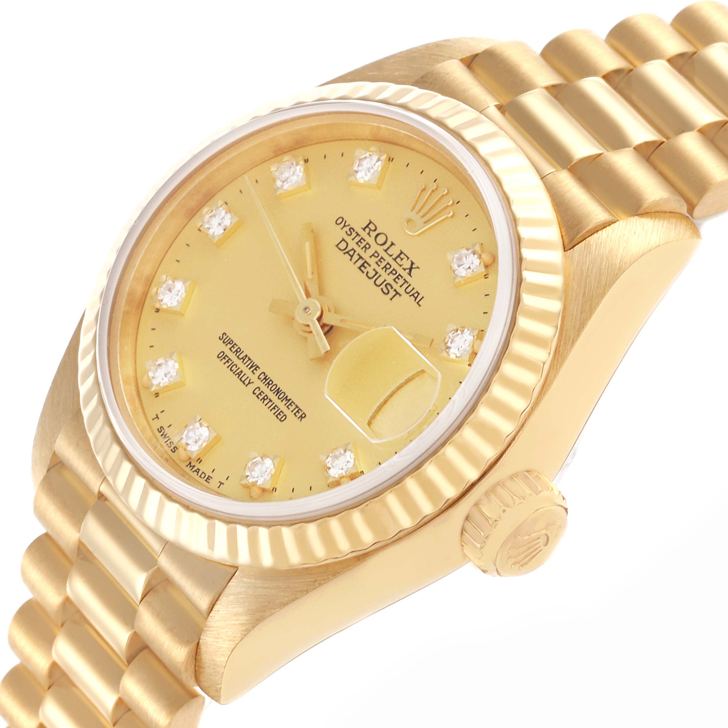 The Rolex President 69178 Women's Yellow Gold Champagne Dial 69178 Women's Yellow Gold Champagne Dial model is shown at an angled view, highlighting the dial, bezel, and bracelet.