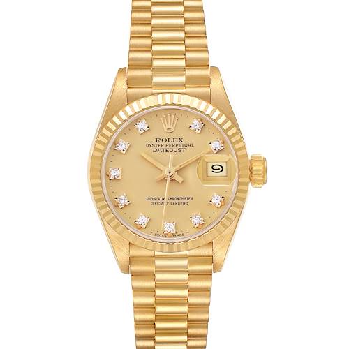 The Rolex President model watch is shown from the front, displaying its dial, bezel, bracelet, and crown.