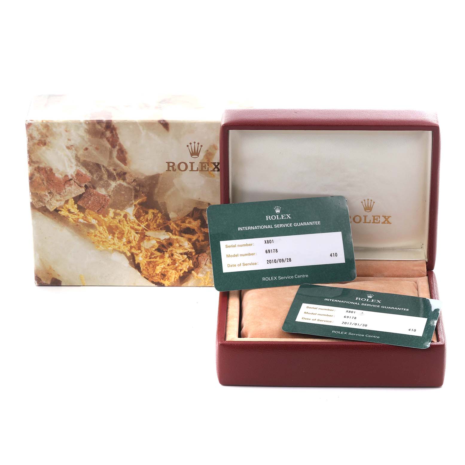 The image shows a Rolex President 69178 Women's Yellow Gold Champagne Dial 69178 Women's Yellow Gold Champagne Dial model's box, guarantee card, and packaging from a front angle.