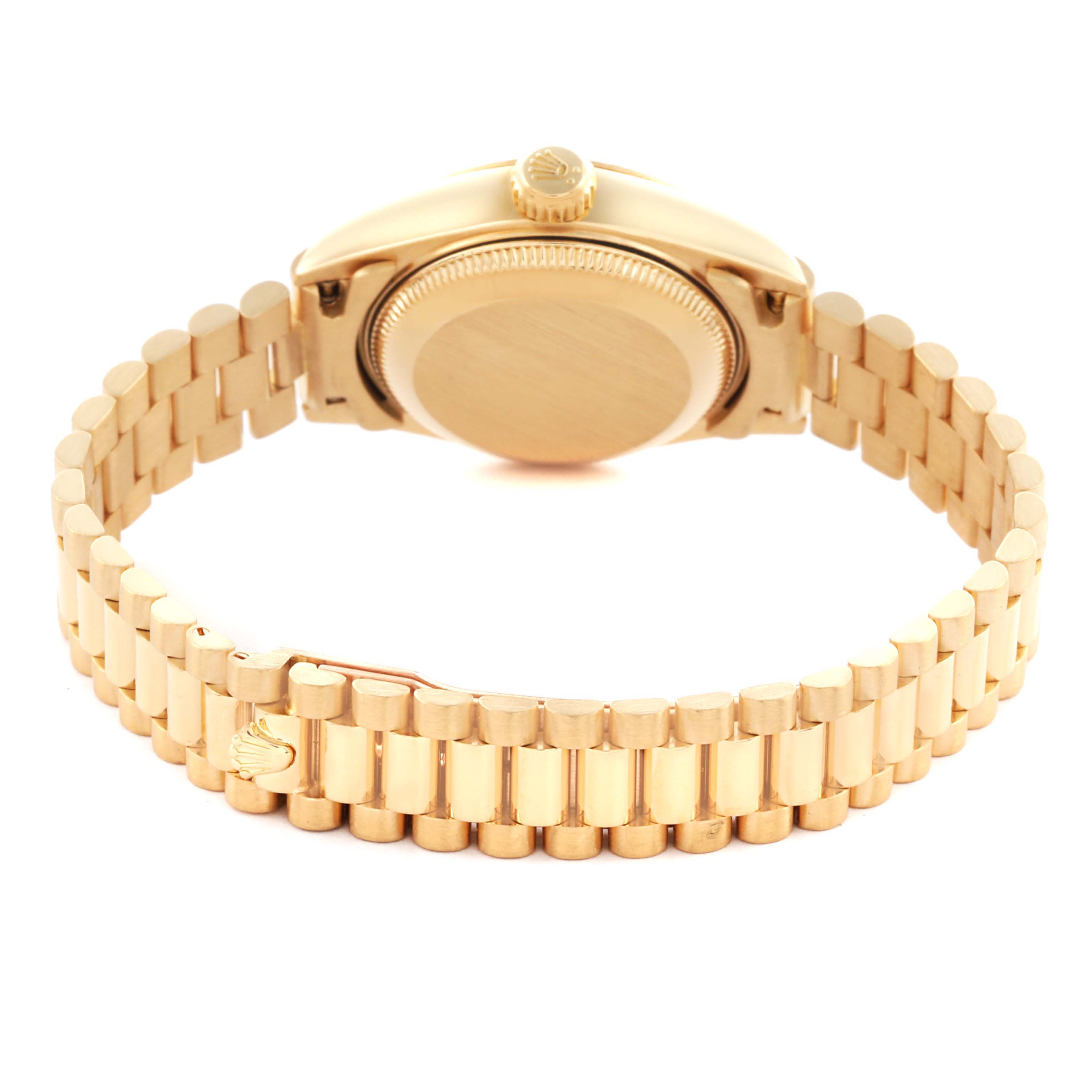 The Rolex President 69178 Women's Yellow Gold Champagne Dial 69178 Women's Yellow Gold Champagne Dial watch is shown from the back, highlighting the case back, crown, and full bracelet.