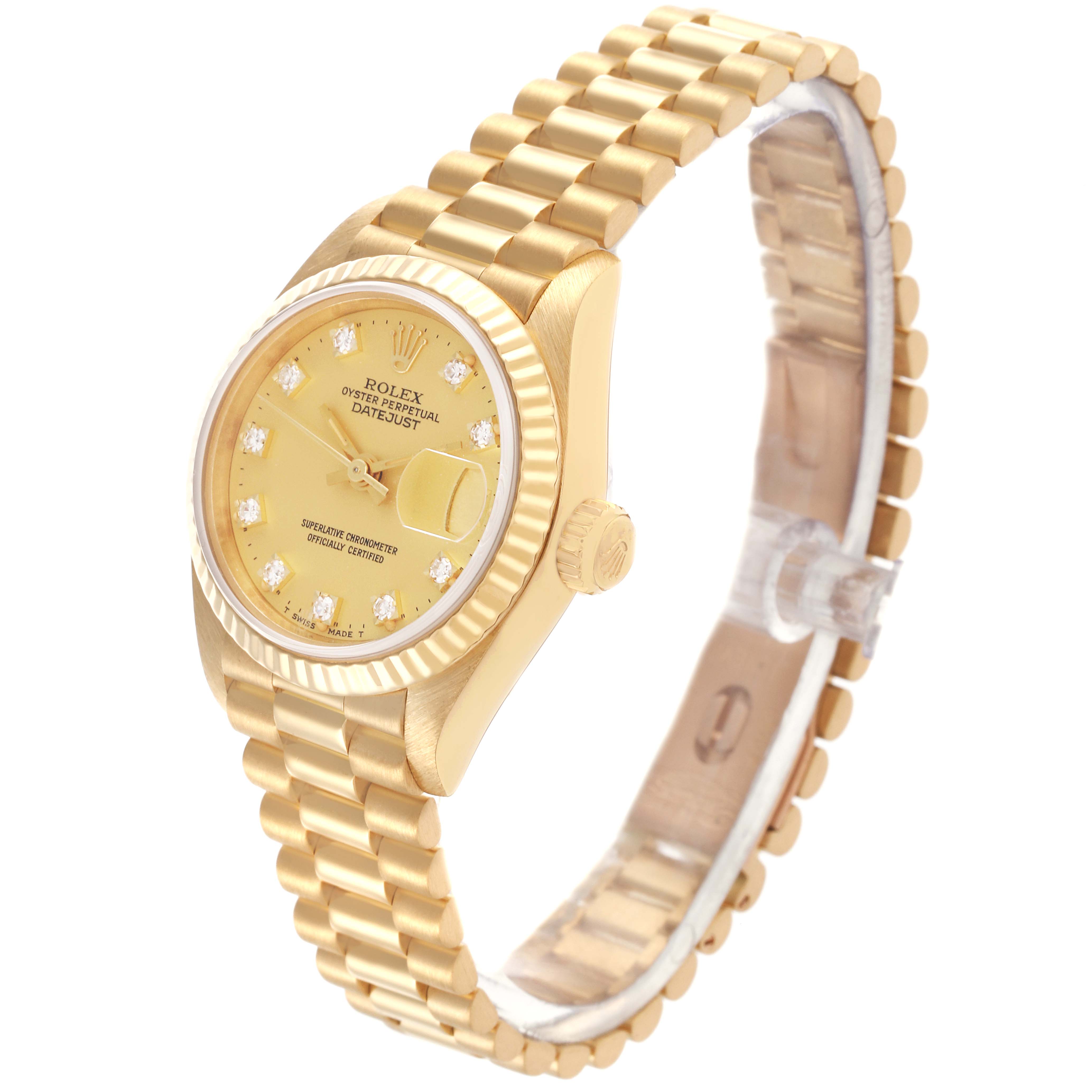 The Rolex President 69178 Women's Yellow Gold Champagne Dial 69178 Women's Yellow Gold Champagne Dial model is shown at a side angle, highlighting the watch face, fluted bezel, and bracelet.