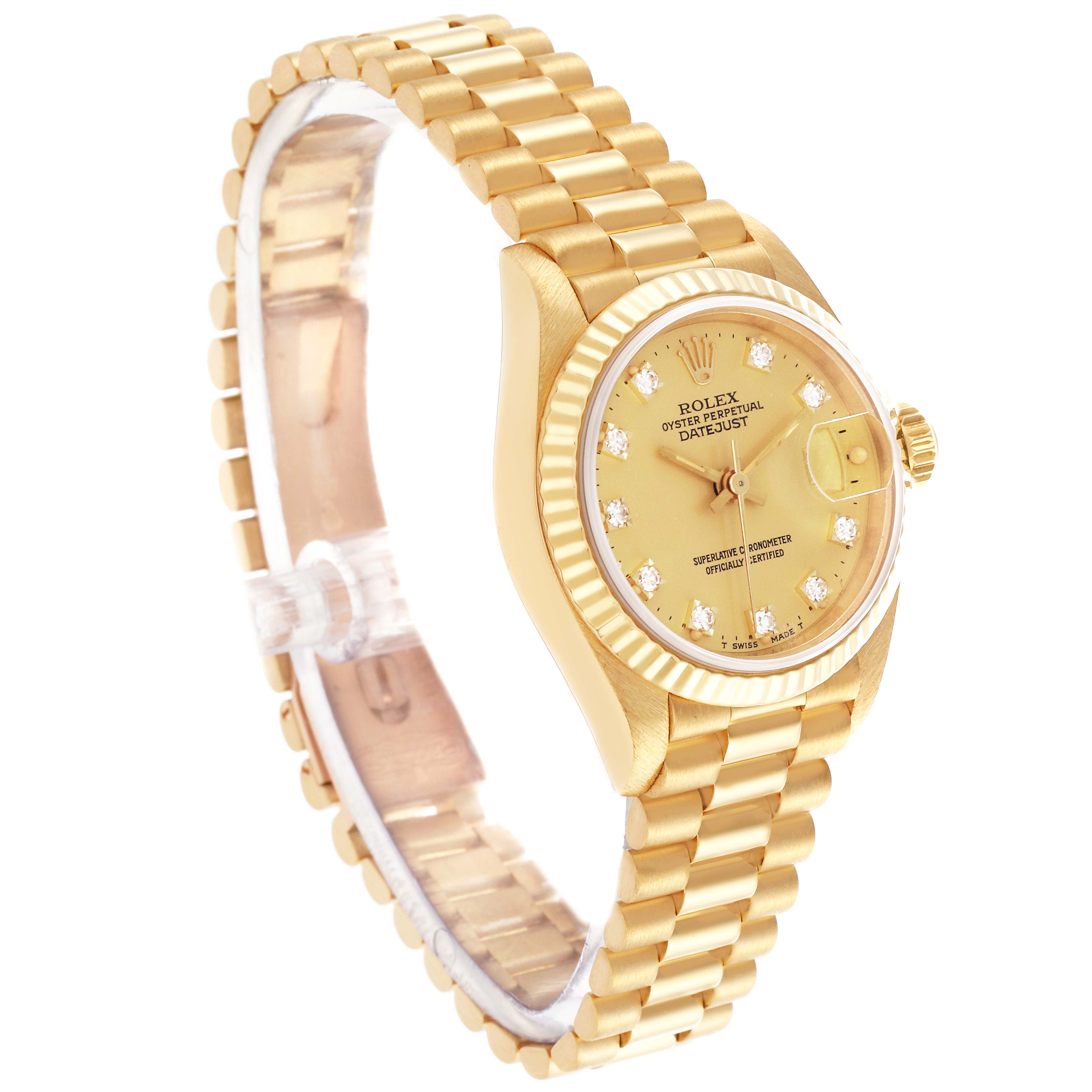 The Rolex President 69178 Women's Yellow Gold Champagne Dial 69178 Women's Yellow Gold Champagne Dial watch is shown at a three-quarter angle, highlighting the dial, gold bracelet, and fluted bezel.