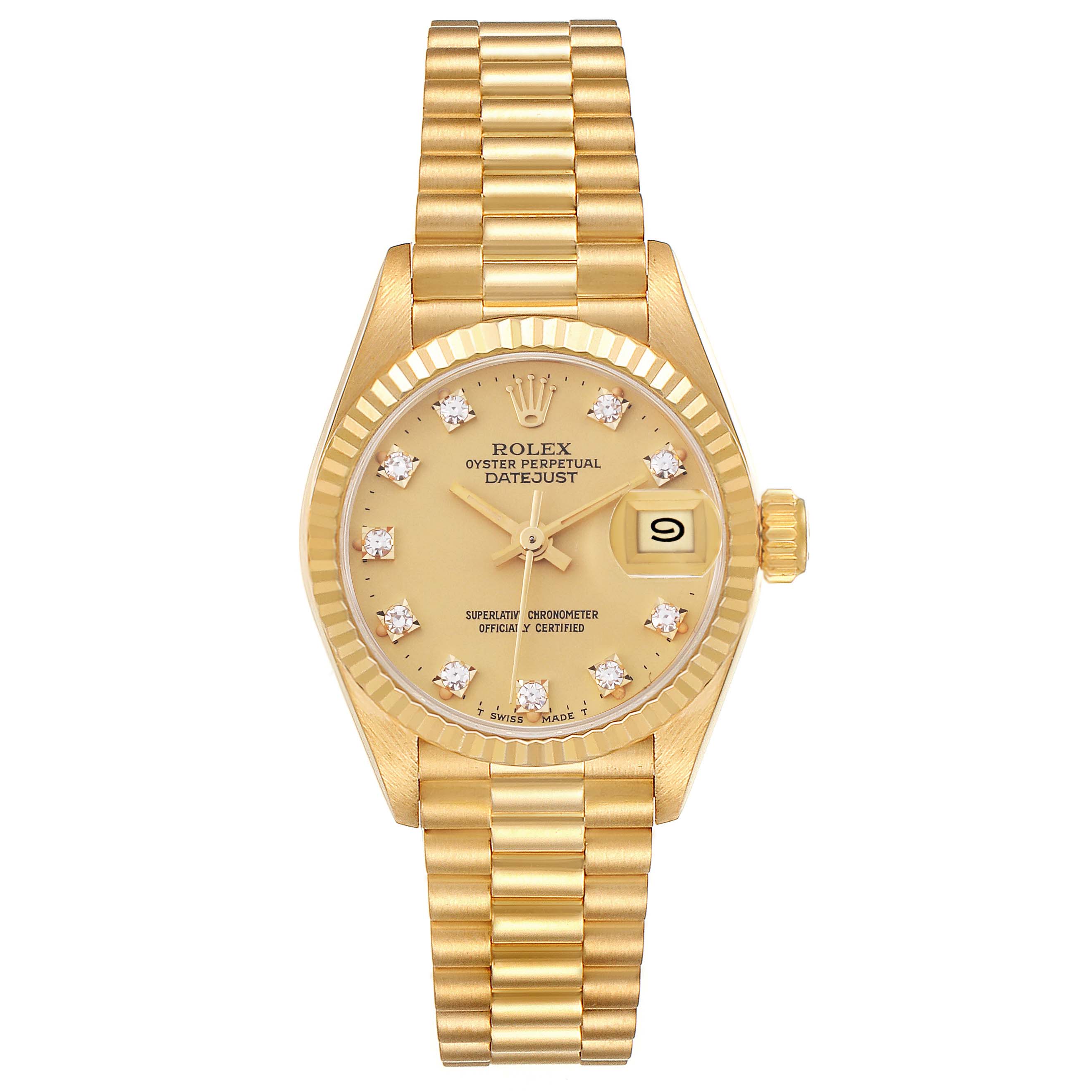 The Rolex President 69178 Women's Yellow Gold Champagne Dial 69178 Women's Yellow Gold Champagne Dial model watch is shown from the front, highlighting the dial, bezel, and bracelet.