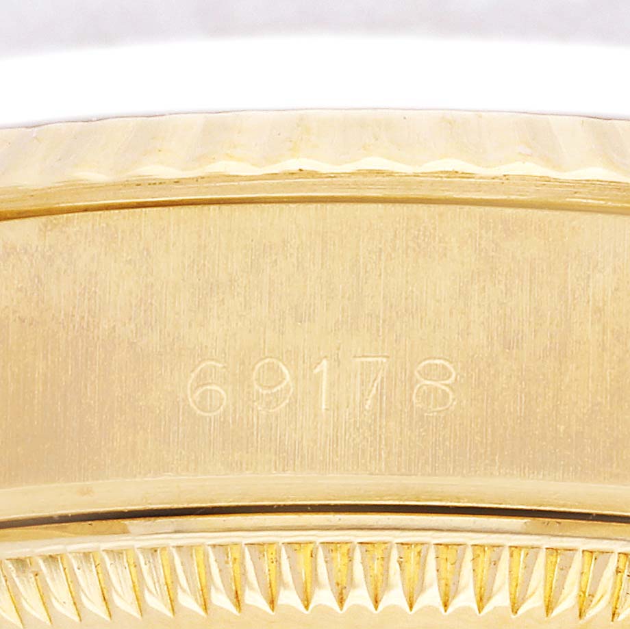 The image shows a close-up of the case side with the model number (69178) engraved on the Rolex President 69178 Women's Yellow Gold Champagne Dial 69178 Women's Yellow Gold Champagne Dial watch.