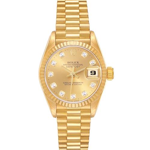 The Rolex President model watch is shown in a frontal angle, displaying its gold bracelet, bezel, dial, and date feature.