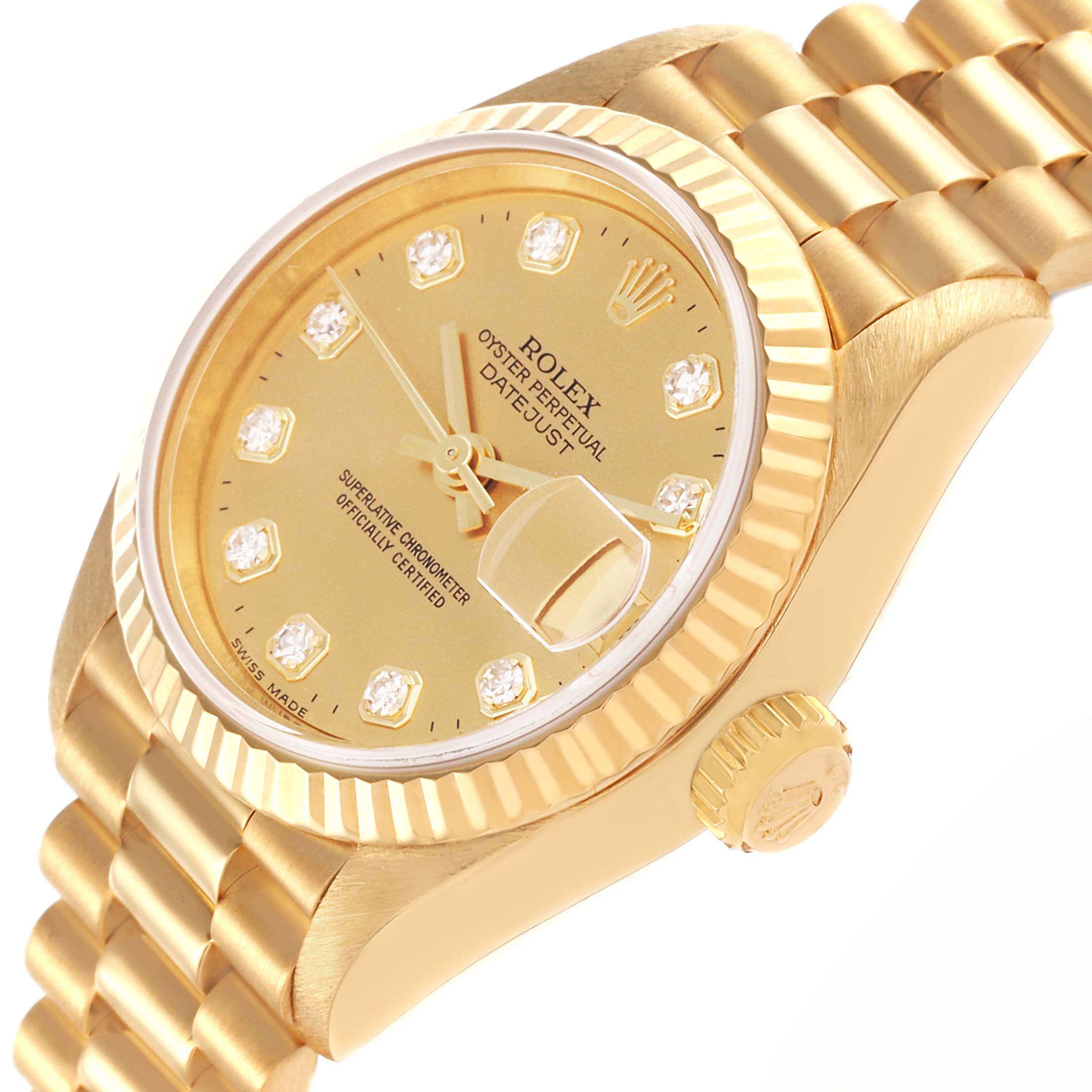 The image shows a Rolex President 69178 Women's Yellow Gold Champagne Dial 69178 Women's Yellow Gold Champagne Dial watch at a slight side angle, highlighting the gold case, dial with diamond markers, bezel, and bracelet.