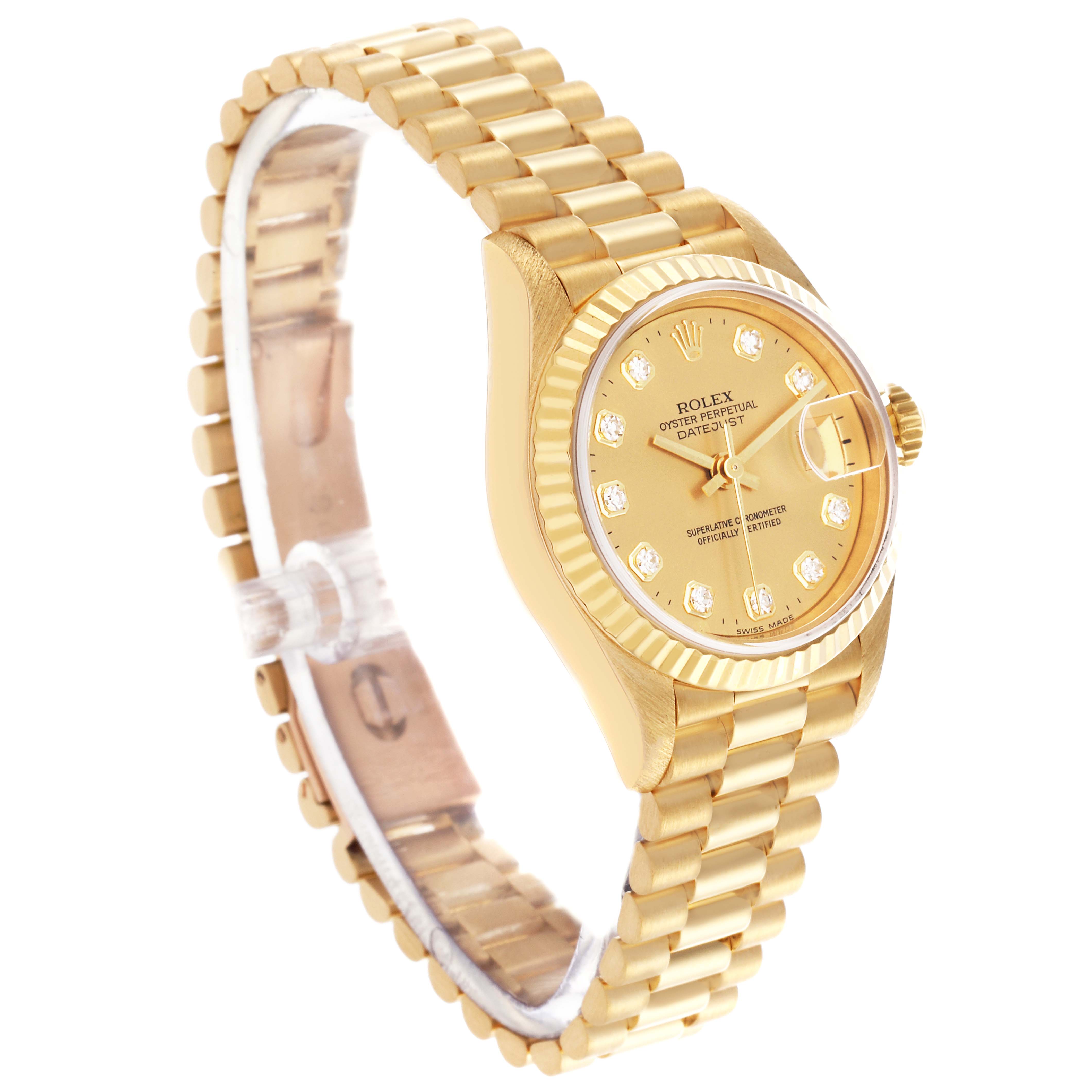 The Rolex President 69178 Women's Yellow Gold Champagne Dial 69178 Women's Yellow Gold Champagne Dial watch is shown from a three-quarter angle highlighting the dial, bezel, and part of the bracelet.