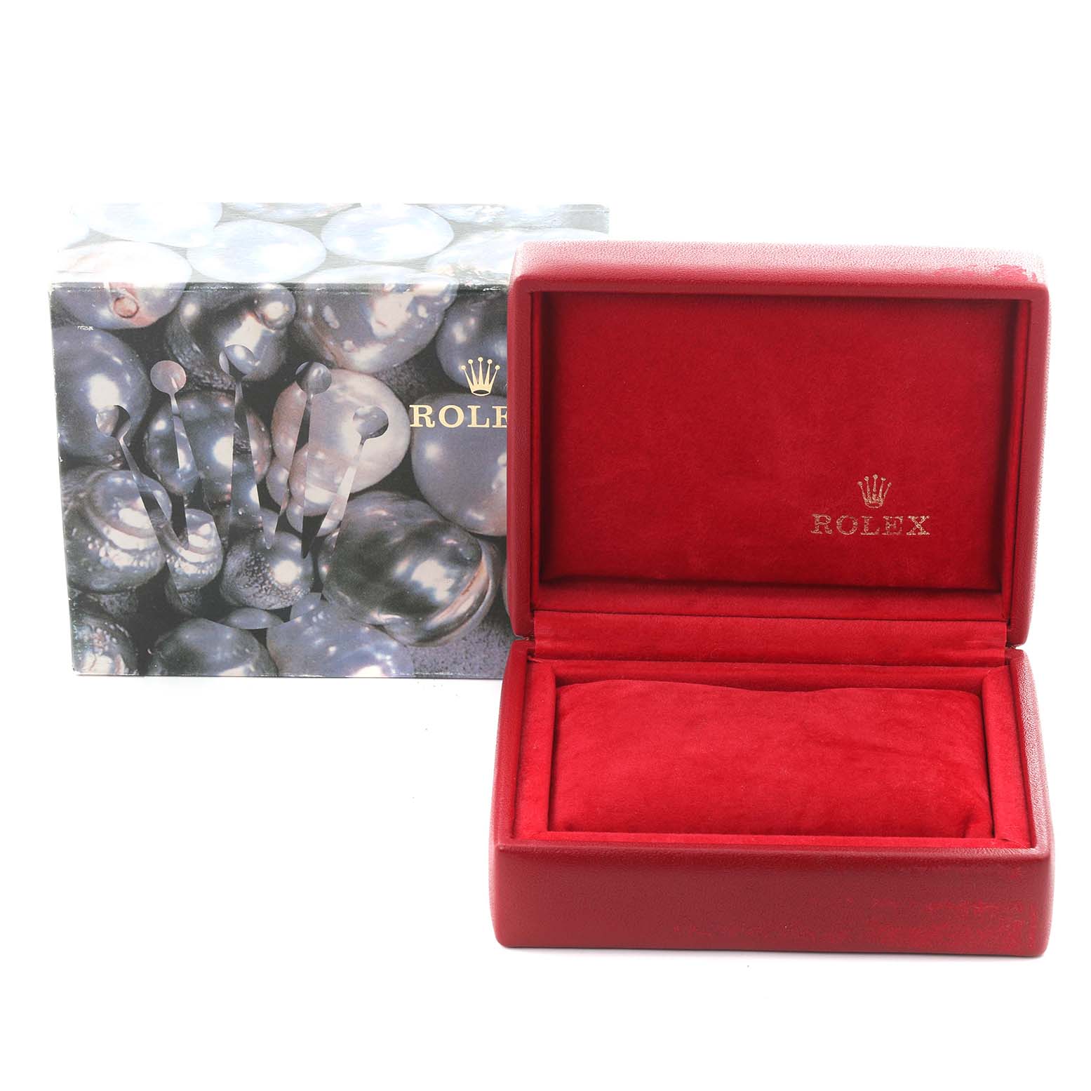 The image shows a red Rolex watch box and packaging, likely for a Rolex President 69178 Women's Yellow Gold Champagne Dial 69178 Women's Yellow Gold Champagne Dial model, with a cushion inside but no watch.