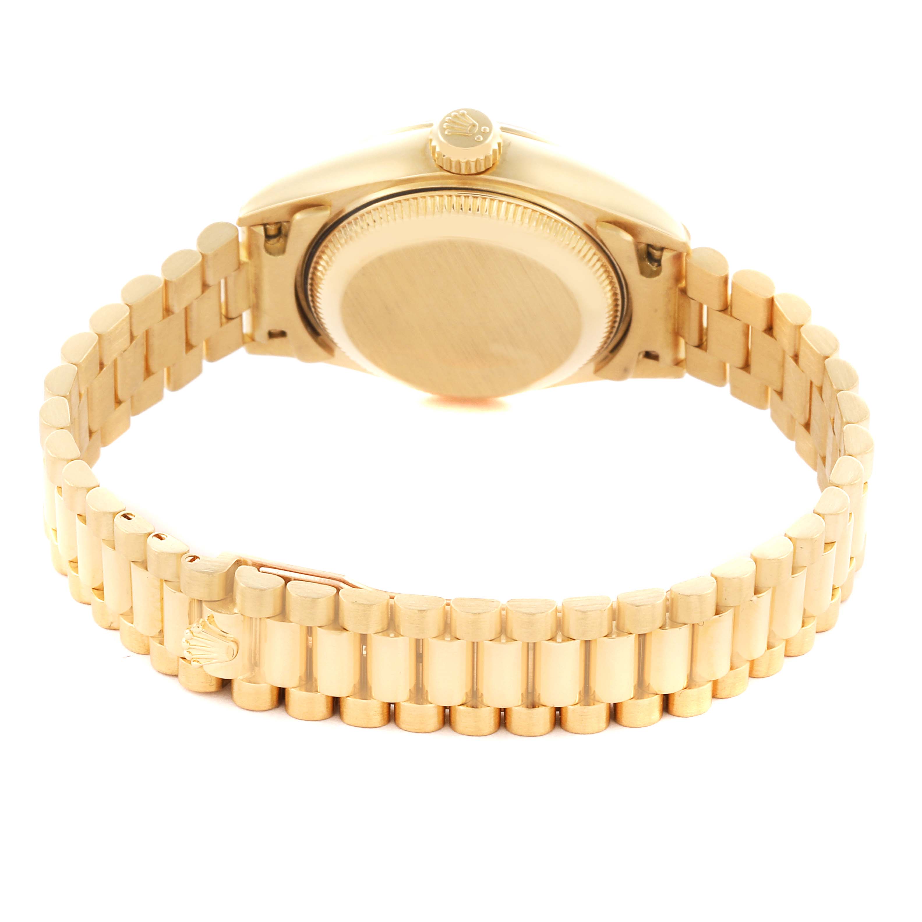 The image shows the back view of a Rolex President 69178 Women's Yellow Gold Champagne Dial 69178 Women's Yellow Gold Champagne Dial model, highlighting the clasp, case back, and bracelet.