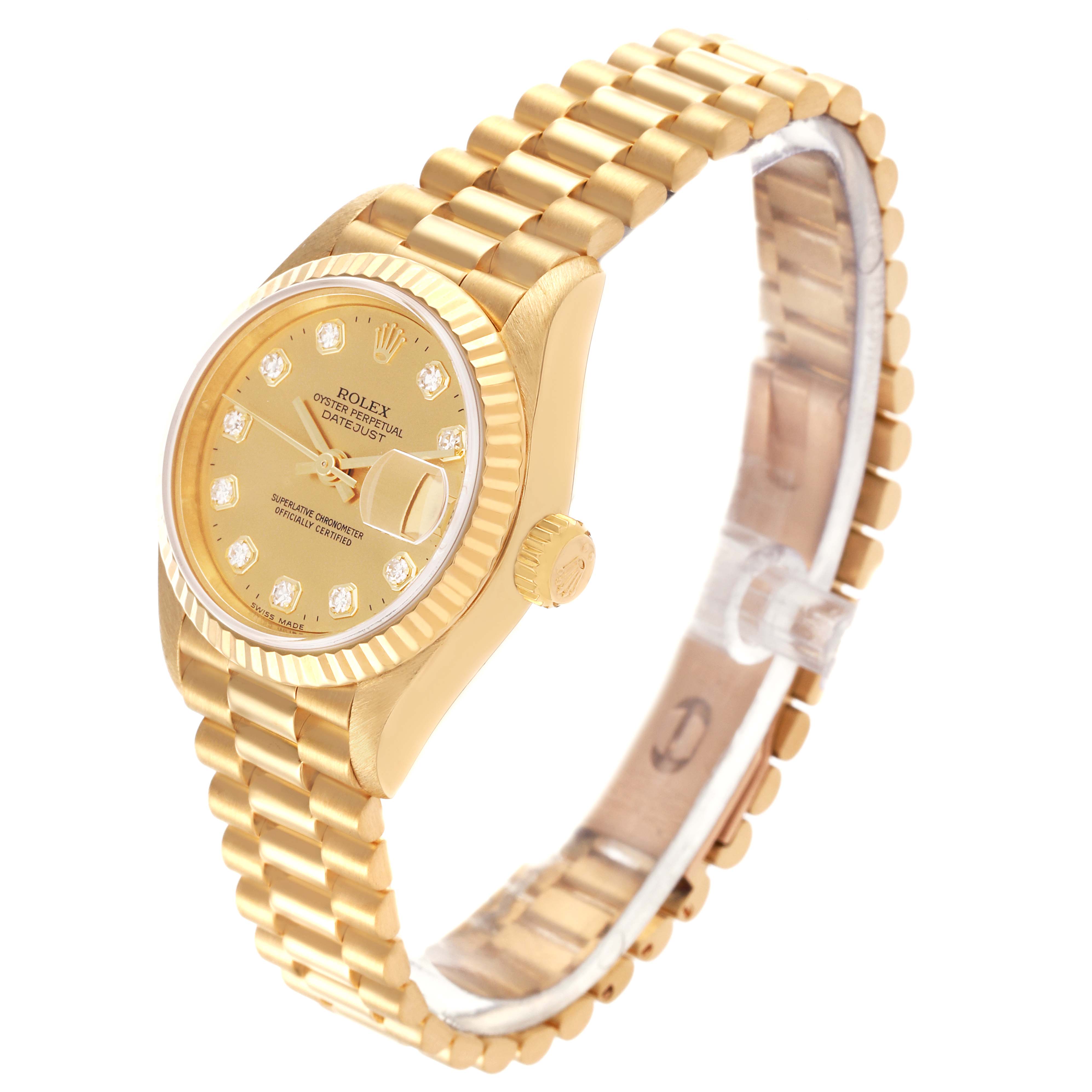 The Rolex President 69178 Women's Yellow Gold Champagne Dial 69178 Women's Yellow Gold Champagne Dial model is shown at a slight angle, displaying the watch face, fluted bezel, crown, and bracelet links.