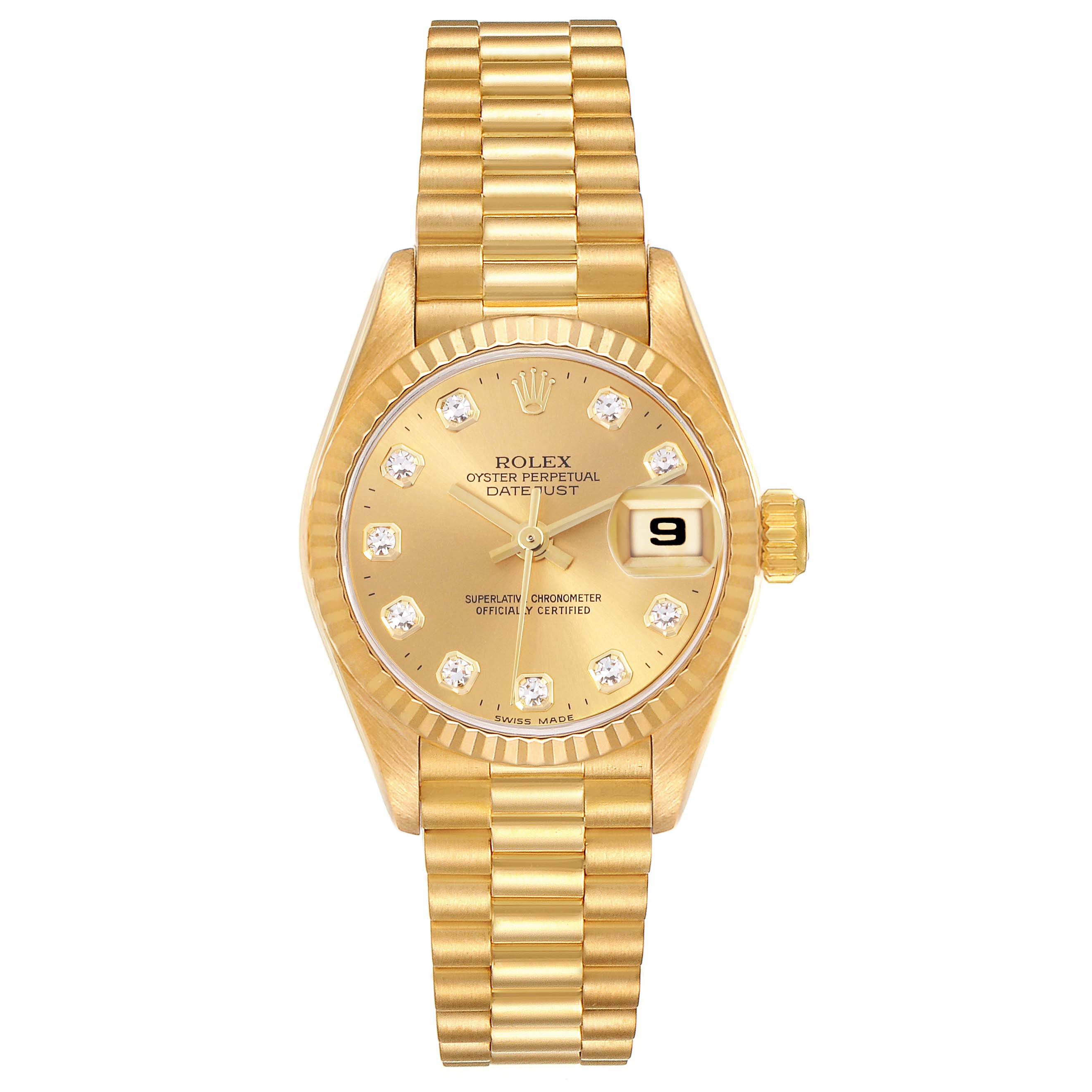 The Rolex President 69178 Women's Yellow Gold Champagne Dial 69178 Women's Yellow Gold Champagne Dial watch is shown from a top view, displaying its gold dial, diamond hour markers, and gold bracelet.