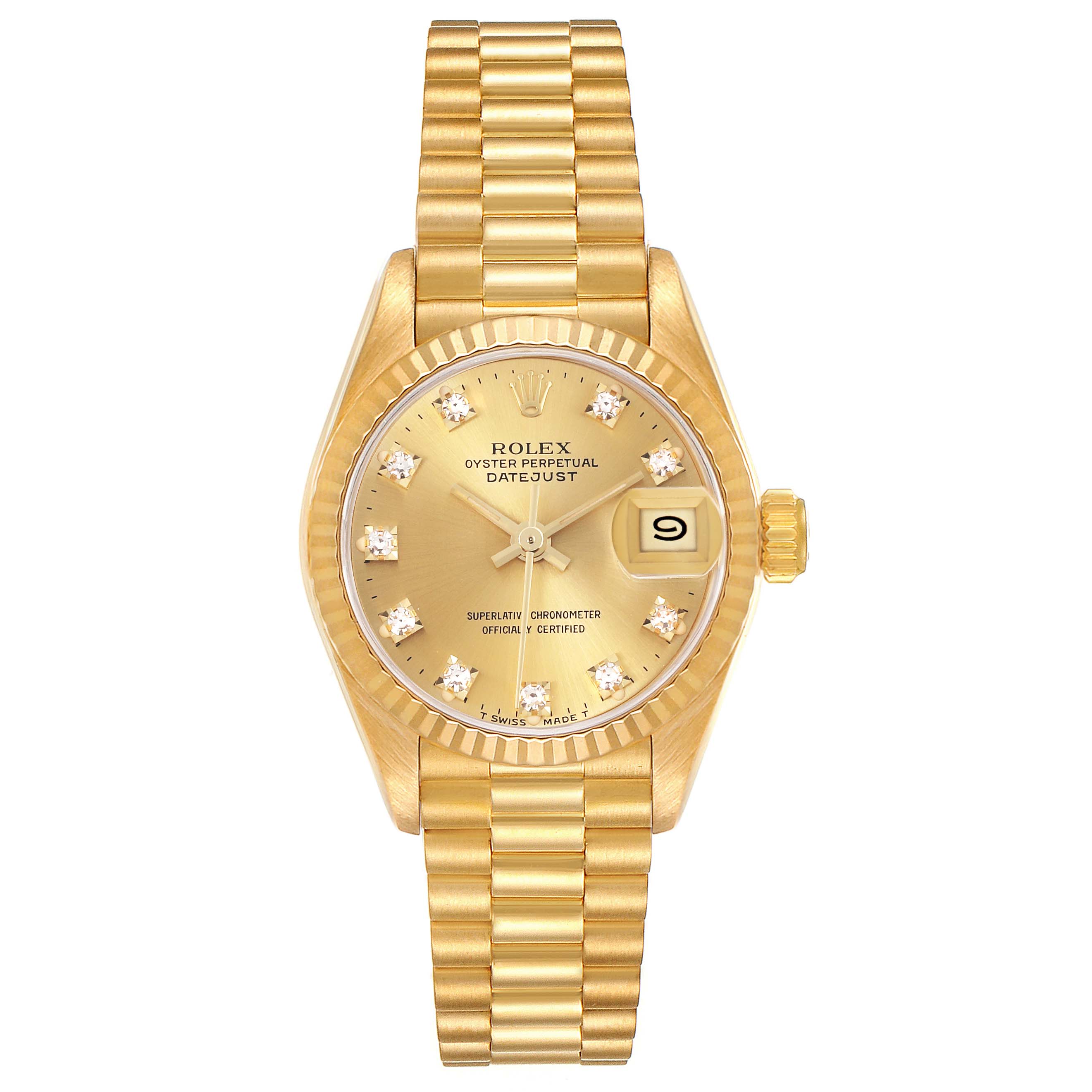 The Rolex President 69178 Women's Yellow Gold Champagne Dial 69178 Women's Yellow Gold Champagne Dial model is shown from a top-down angle, displaying the dial, bezel, and bracelet.