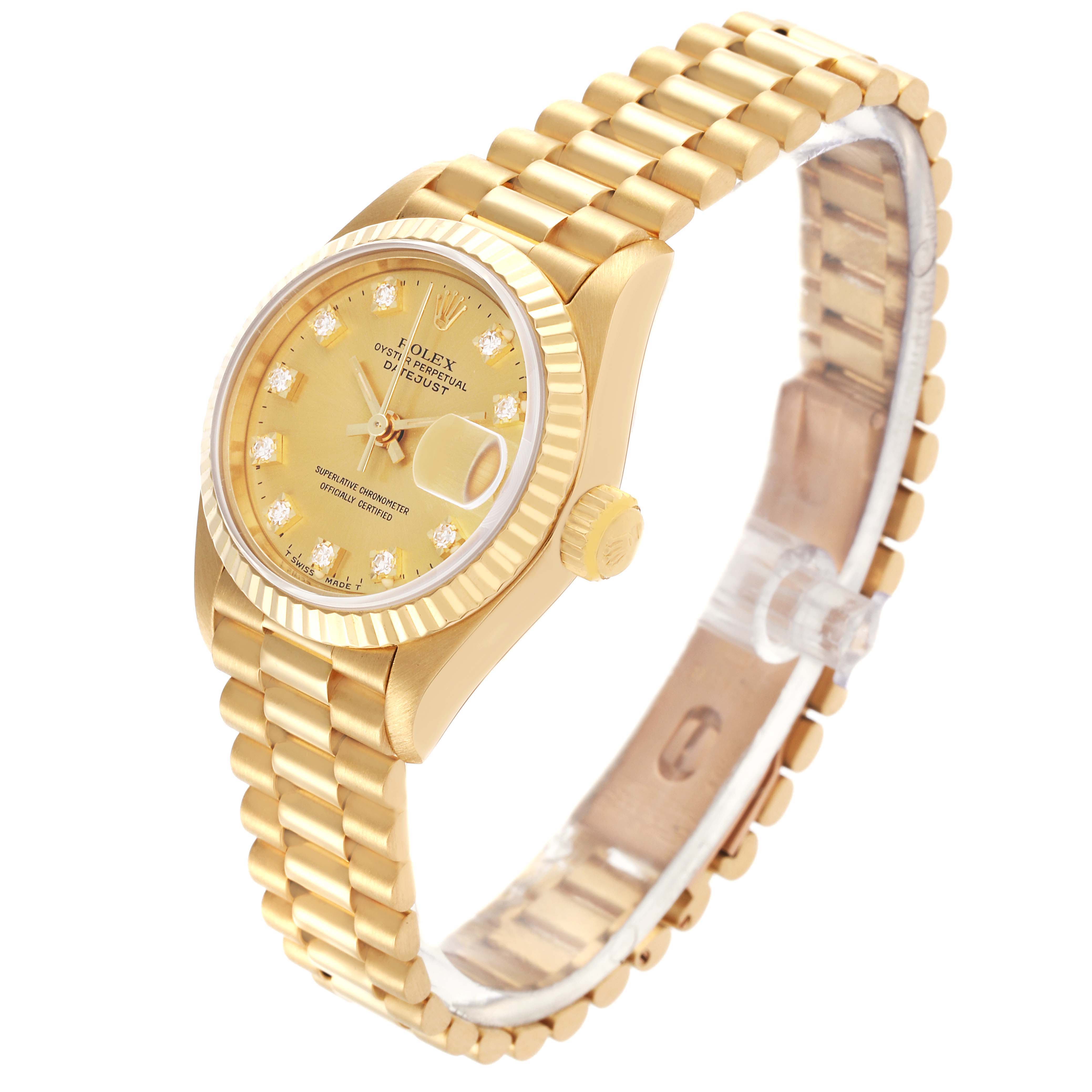 The Rolex President 69178 Women's Yellow Gold Champagne Dial 69178 Women's Yellow Gold Champagne Dial model watch is shown at a three-quarter angle, highlighting the bracelet, dial, and fluted bezel.