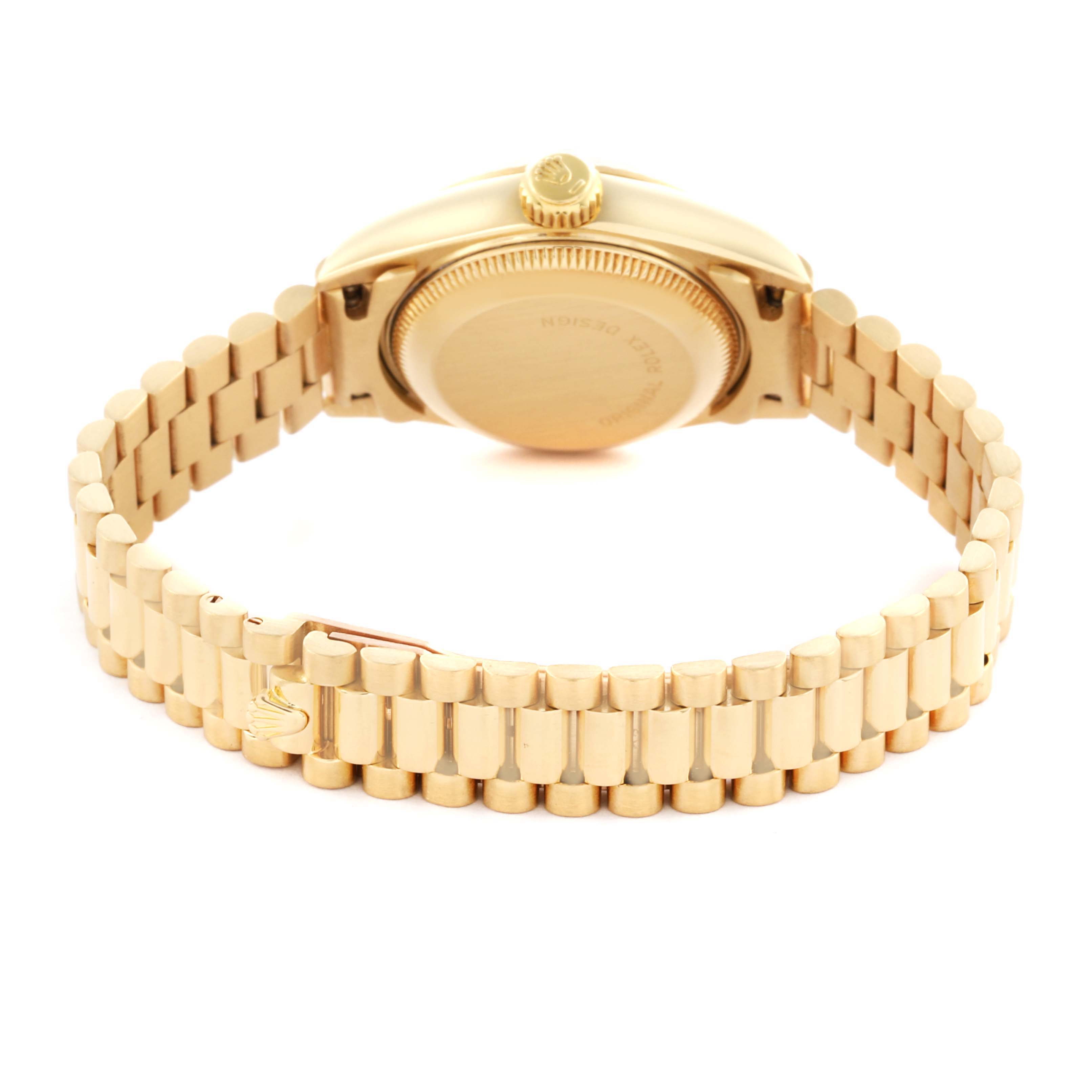 The image shows the back view of a Rolex President 69178 Women's Yellow Gold Champagne Dial 69178 Women's Yellow Gold Champagne Dial model, highlighting its gold bracelet and case back.