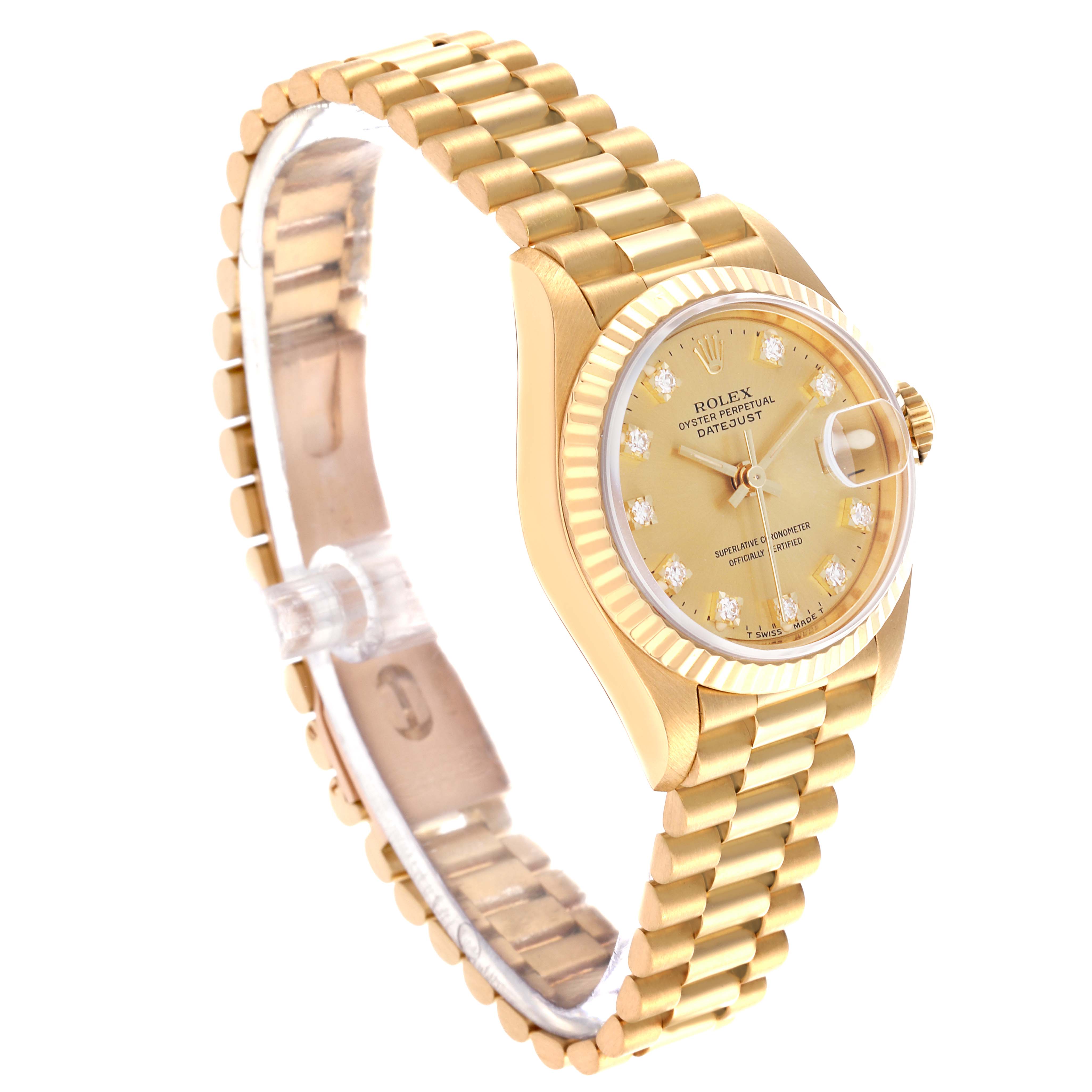 The Rolex President 69178 Women's Yellow Gold Champagne Dial 69178 Women's Yellow Gold Champagne Dial model is shown at a slight angle, displaying the bracelet, case, bezel, and dial with markers.