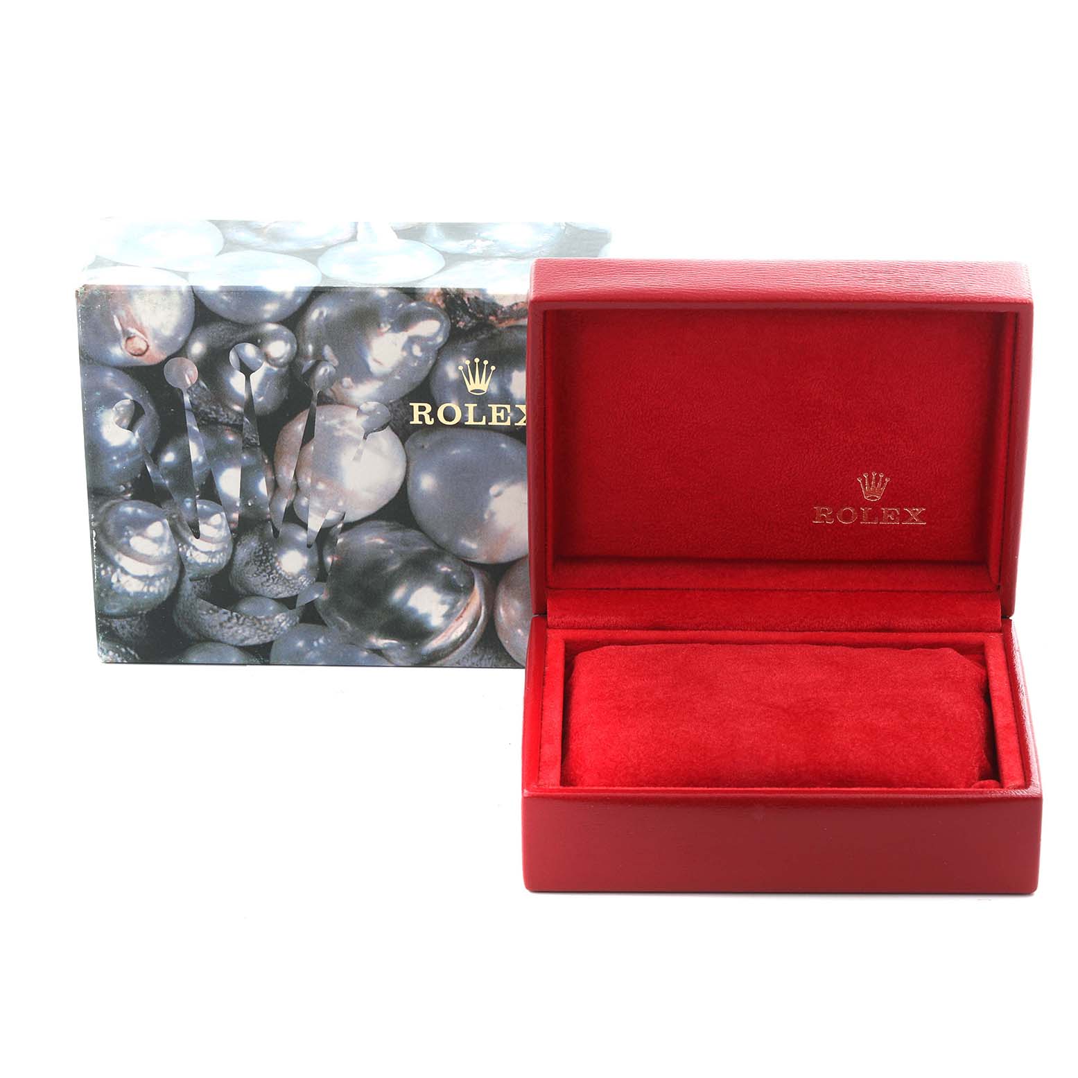 The image shows a red Rolex President 69178 Women's Yellow Gold Champagne Dial 69178 Women's Yellow Gold Champagne Dial model watch box, open with a pillow inside, and a patterned outer box.