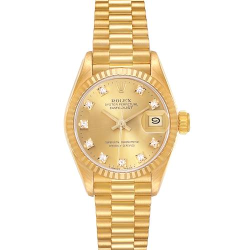 The Rolex President model watch is shown from the front, displaying its gold dial, diamond hour markers, date window, and bracelet.