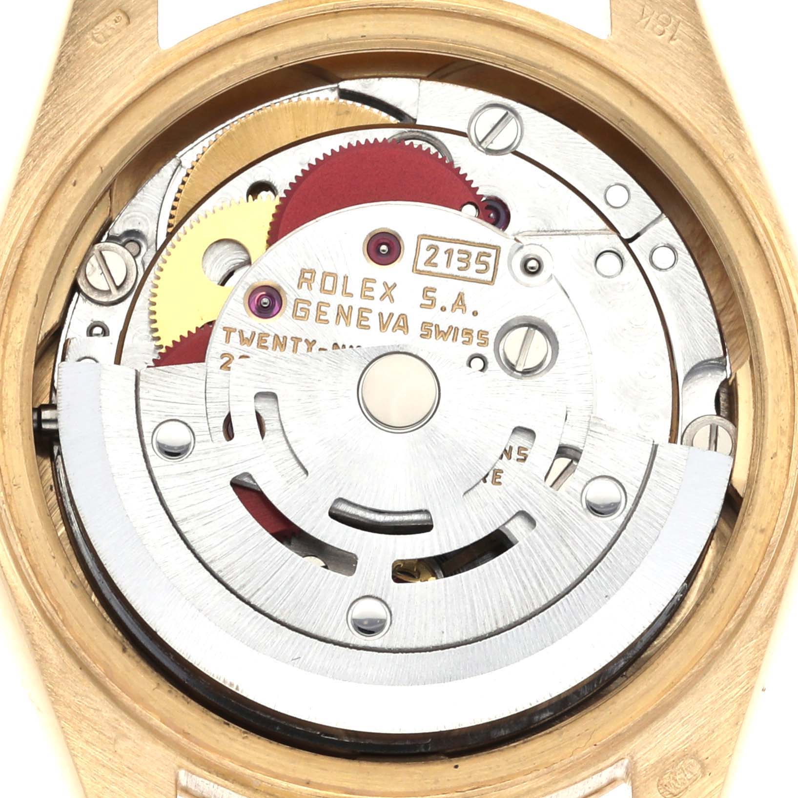 This image shows the internal movement of a Rolex President 69178 Women's Yellow Gold Champagne Dial 69178 Women's Yellow Gold Champagne Dial watch model, viewed from the back, highlighting gears and rotor.