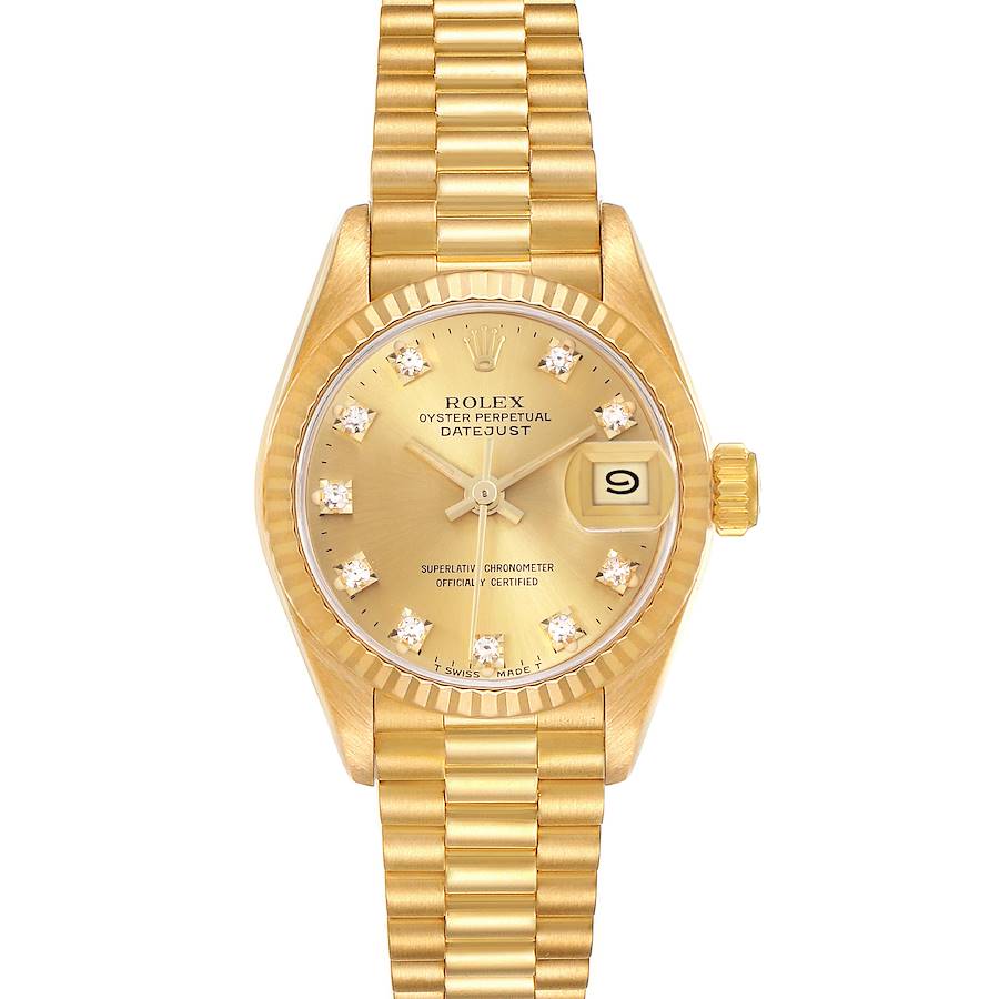 The Rolex President model is shown from a front angle, displaying its gold dial, fluted bezel, and linked bracelet.