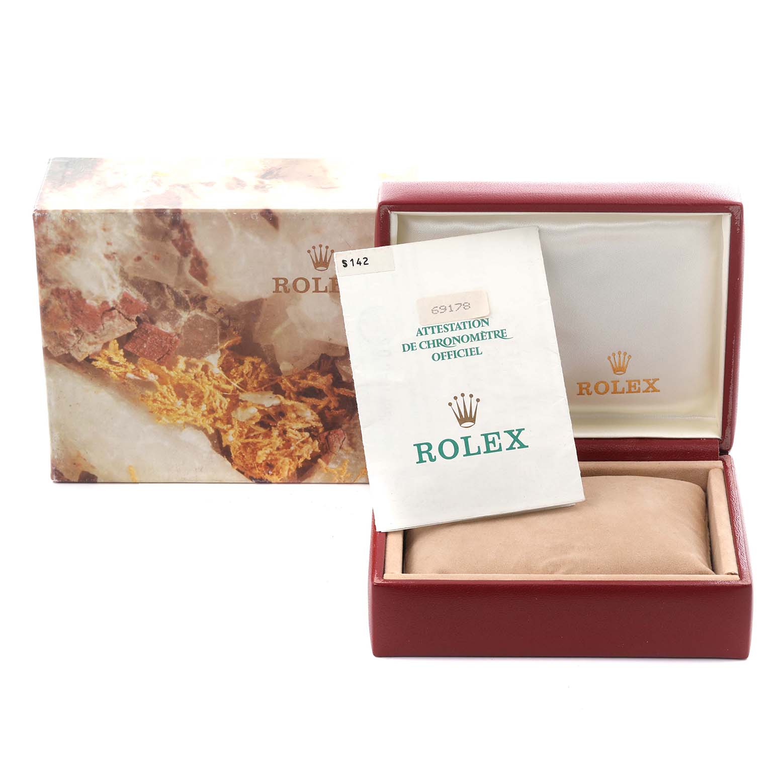 The image shows a Rolex President 69178 Women's Yellow Gold Champagne Dial 69178 Women's Yellow Gold Champagne Dial model watch box, its outer box, and a certificate, viewed from the front.