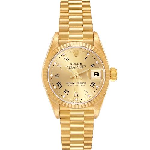 The Rolex President model watch is shown from a top view, highlighting the gold dial, Roman numerals, and fluted bezel.