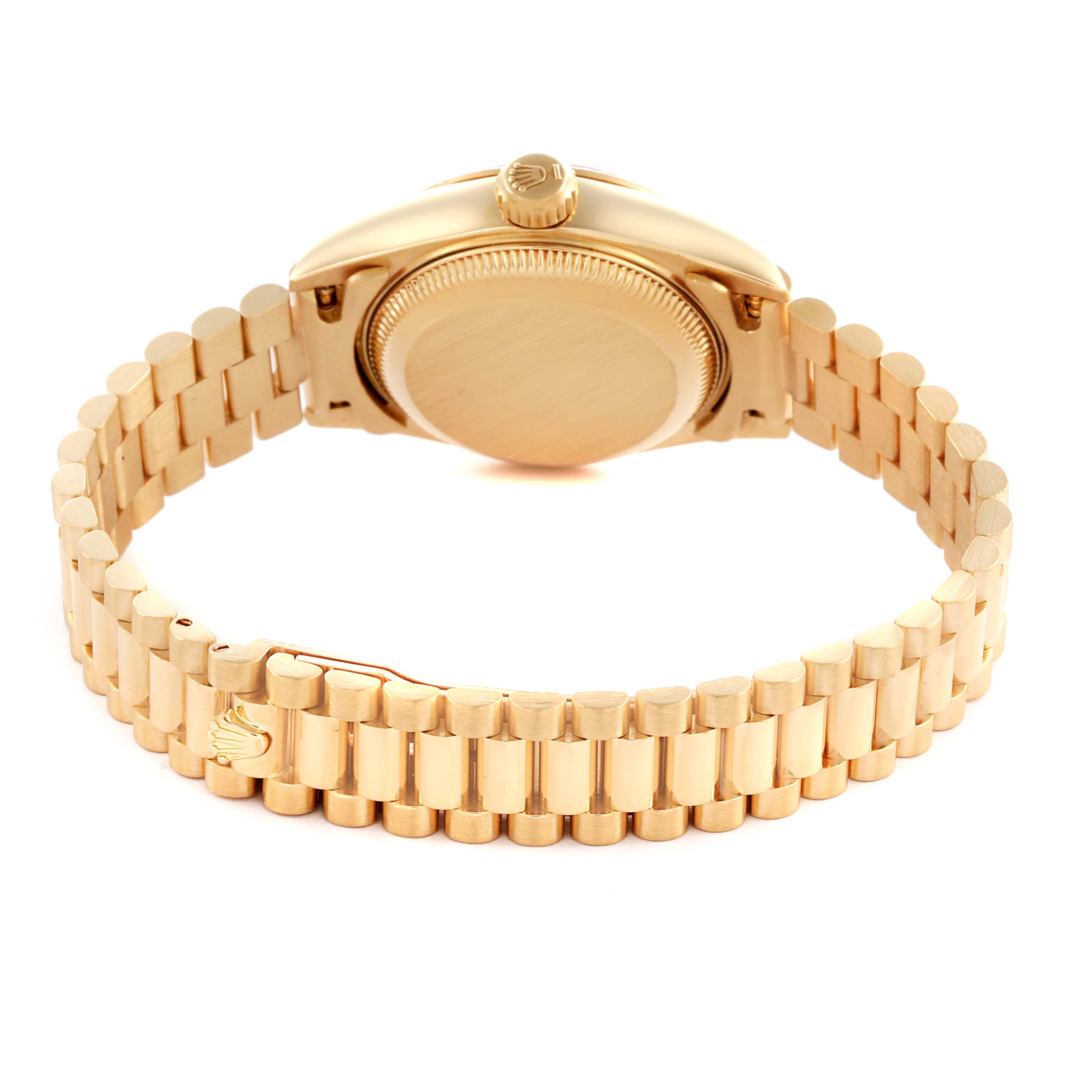The image shows the back of a Rolex President 69178 Women's Yellow Gold Champagne Dial 69178 Women's Yellow Gold Champagne Dial model, highlighting the bracelet and caseback from a rear angle.