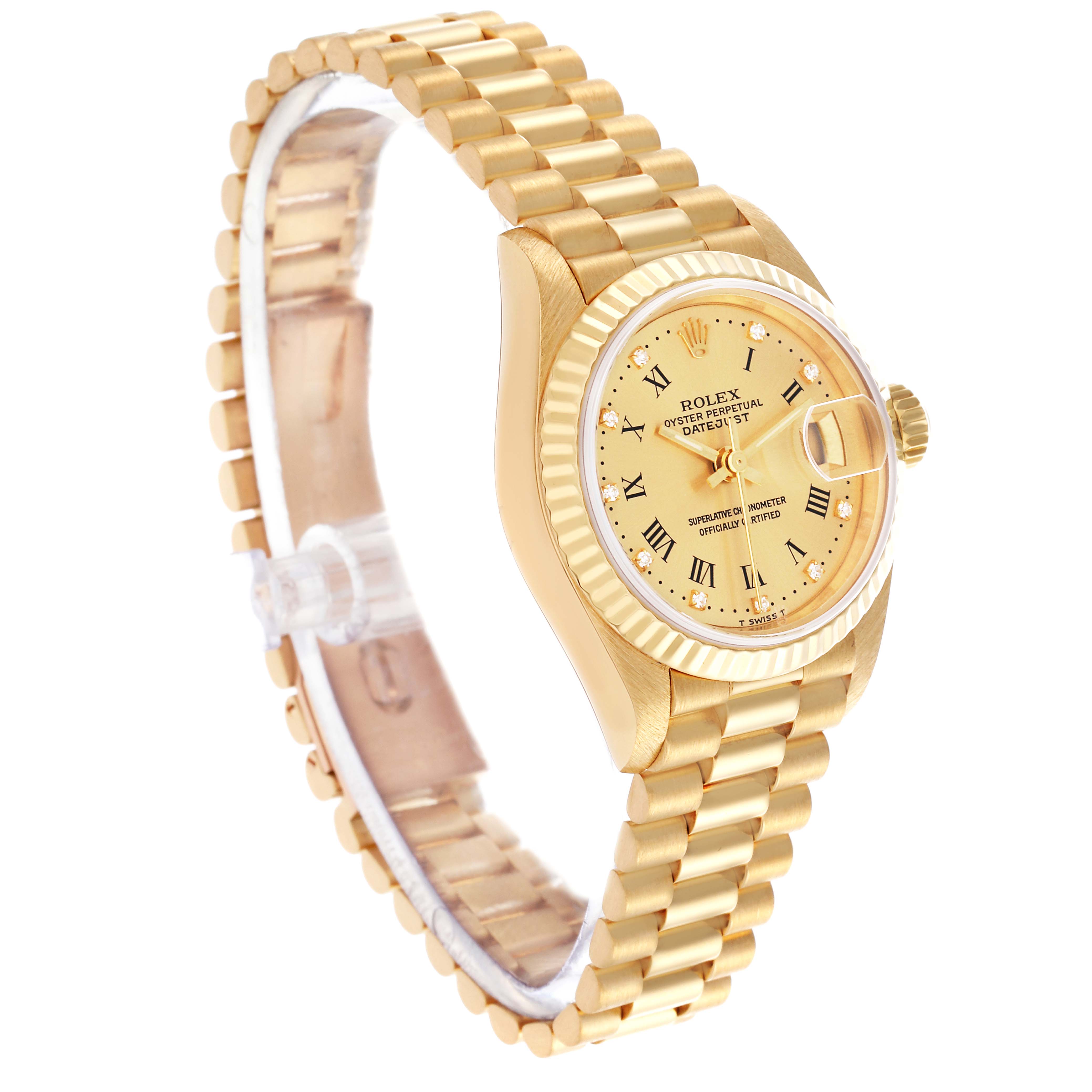 The Rolex President 69178 Women's Yellow Gold Champagne Dial 69178 Women's Yellow Gold Champagne Dial model watch is shown from a three-quarter angle, displaying its gold bracelet, dial, and bezel.