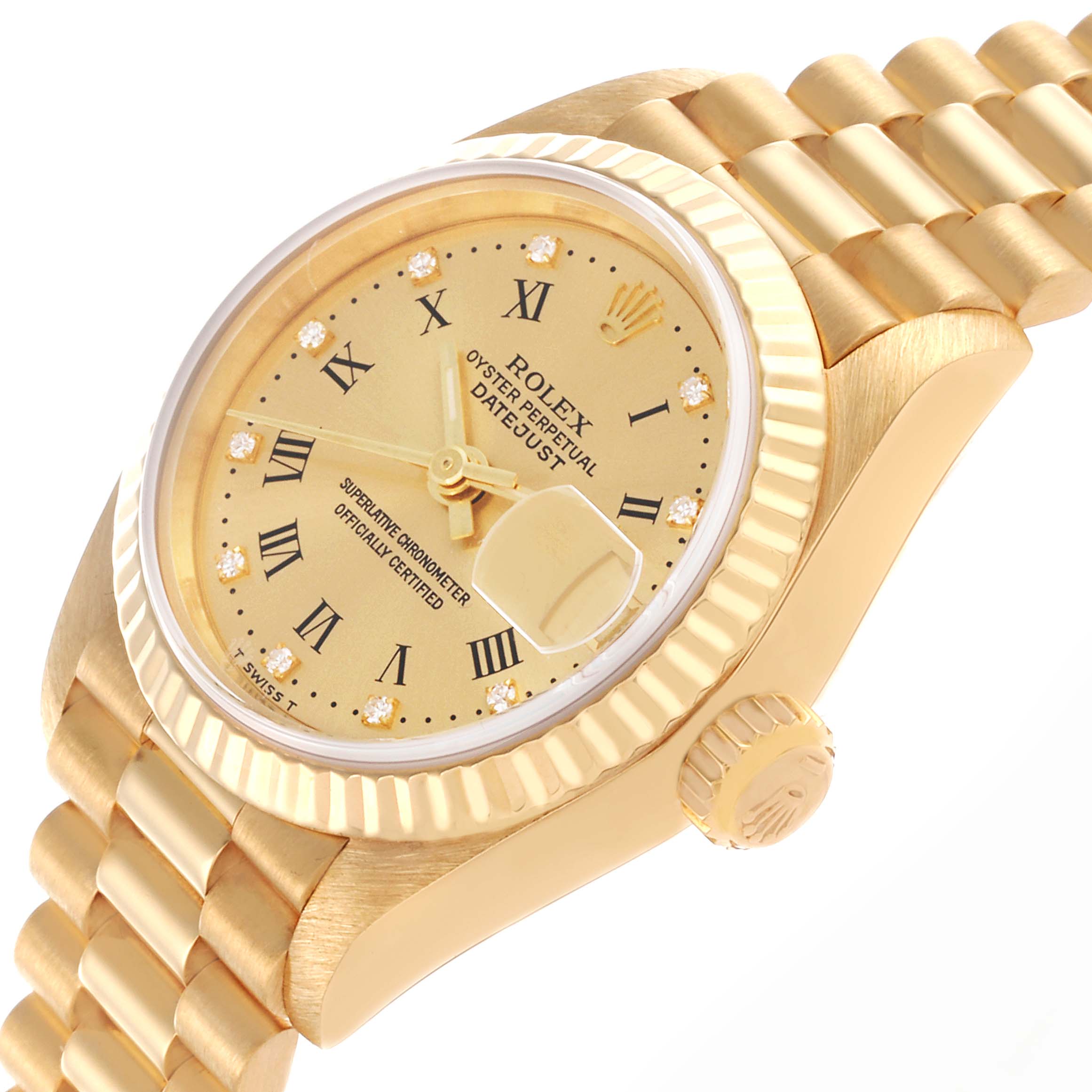 The Rolex President 69178 Women's Yellow Gold Champagne Dial 69178 Women's Yellow Gold Champagne Dial watch is shown from a three-quarter angle, highlighting the dial, crown, and bracelet.