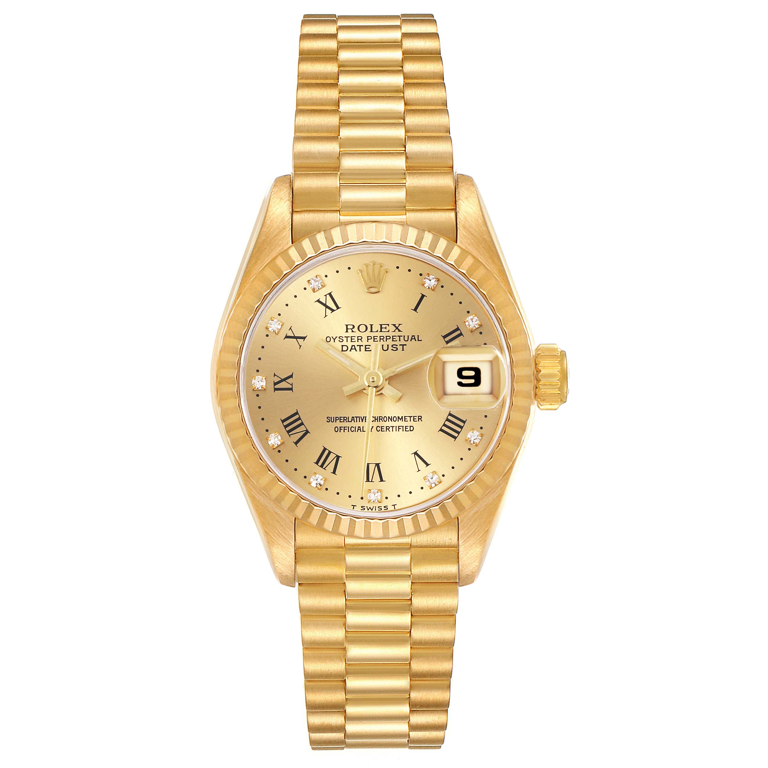The Rolex President 69178 Women's Yellow Gold Champagne Dial 69178 Women's Yellow Gold Champagne Dial model watch is shown from a top-down angle, highlighting its gold dial, Roman numerals, and bracelet.